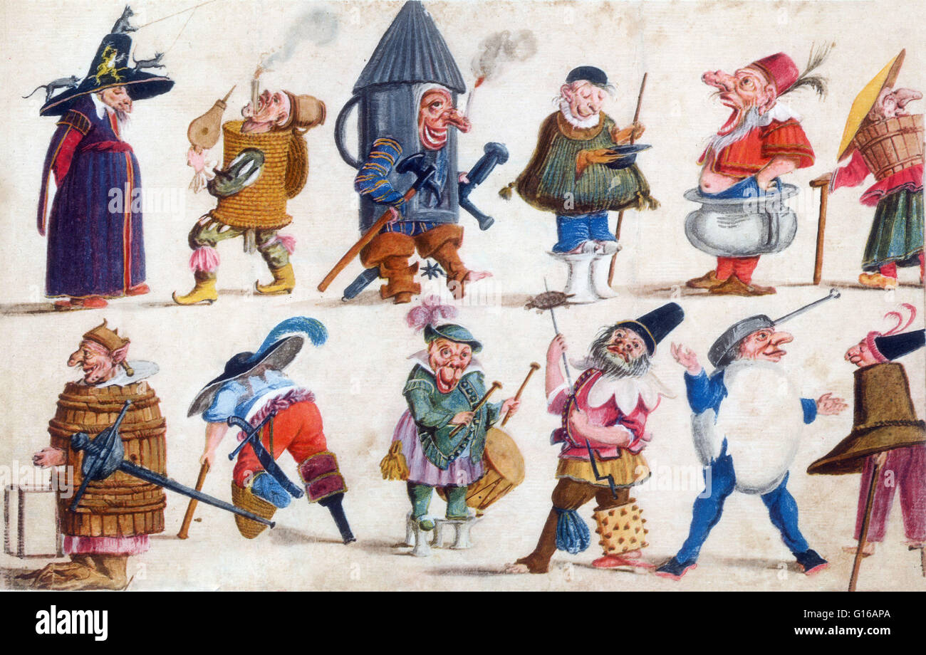 Unter dem Titel: Nani e Maschere Ridicole, (1680), Kostüm Skizzen Aquarell von Lodovico Ottavio Burnacini. Diese grotesken Figuren sind wahrscheinlich Kostümentwürfe für die Feierlichkeiten am Hof bekannt als Wirtschaften (Karneval) alle Anwesenden diese ev Stockfoto