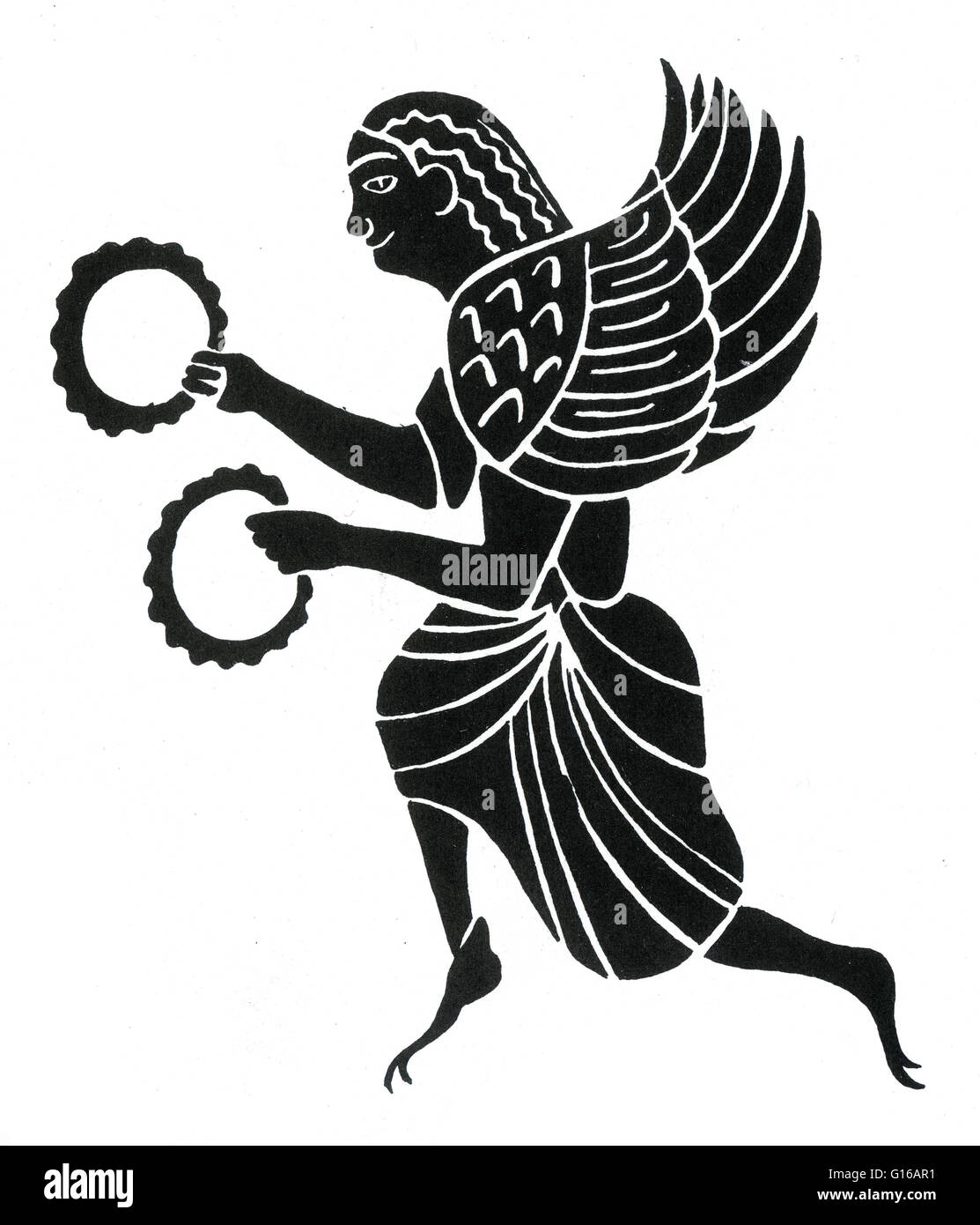 Antiken Griechenland, Harpyie, aus einer Amphora, 6. Jh.V.Chr. In früheren Versionen der griechischen Mythologie wurden Harpies als schöne, geflügelte Mädchen beschrieben. Später sie wurden geflügelte Monster mit dem Gesicht eine hässliche alte Frau und mit krummen, scharfen Krallen ausgestattet. O Stockfoto
