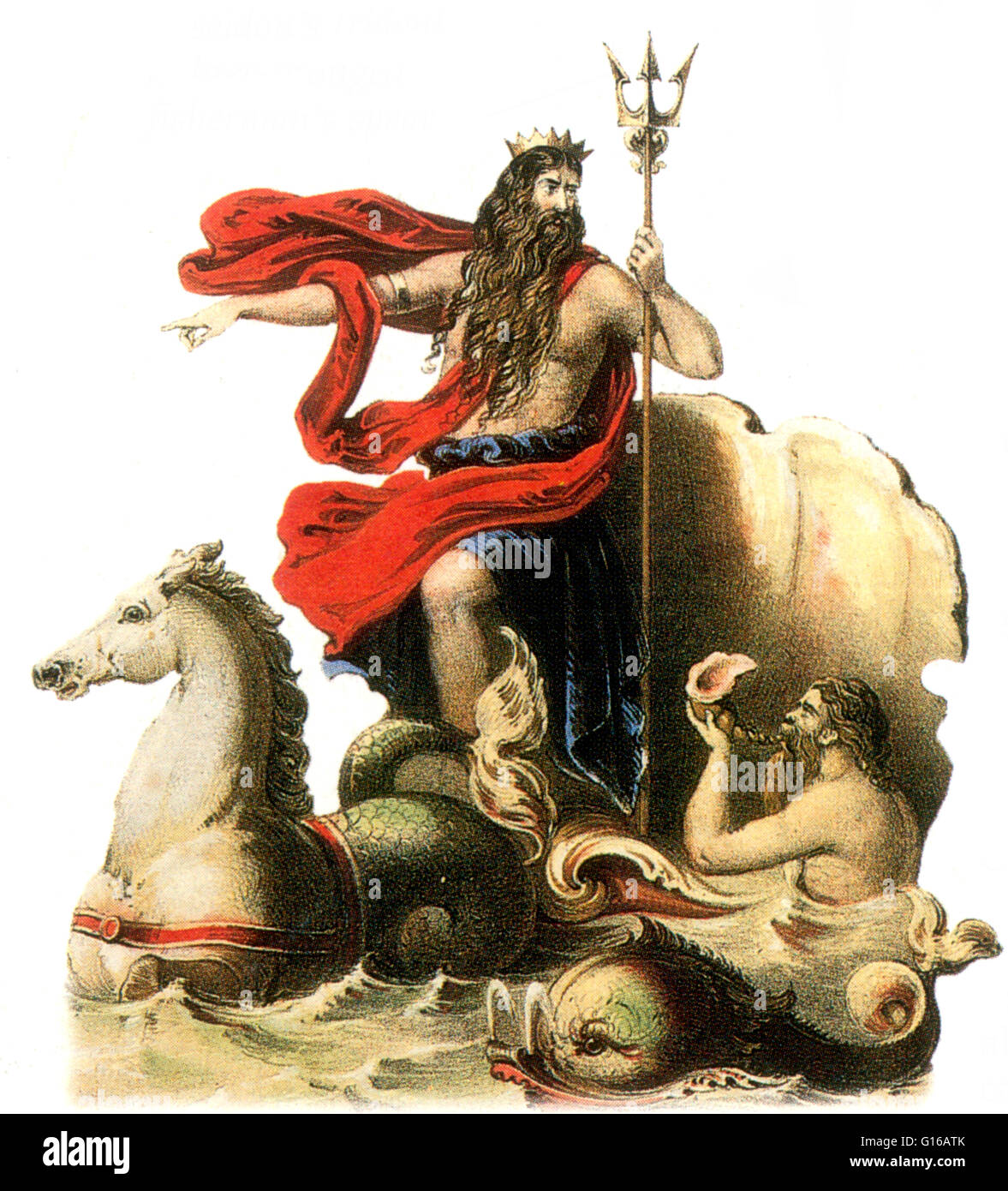 Poseidon ist eine der zwölf olympischen Gottheiten des Pantheons in der griechischen Mythologie. Seine Haupt-Domain ist der Ozean, und er ist den Gott des Meeres genannt. Darüber hinaus nennt man Erde-Shaker wegen seiner Rolle bei der Entstehung von Erdbeben und Ruf Stockfoto