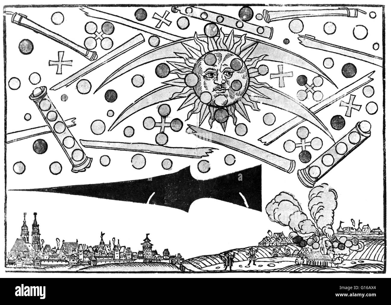 Holzschnitt aus dem 16. Jahrhundert von Hans Glaser. Bei Sonnenaufgang am 14 April 1561 sah die Bürgerinnen und Bürger der Stadt Nürnberg "Eine sehr schreckliche Schauspiel." Am Himmel erschien, mit zylindrischen Objekten zu füllen, aus dem hervorging, rot, schwarz, orange und blau weißen Scheiben und Kugeln. Stockfoto
