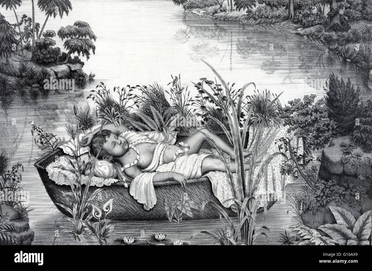 1887-Lithographie zeigt Moses als ein Säugling schwebend in einem Korb auf einem Fluss. Exodus 1, der Pharao von Ägypten, Ramses II, hatte verordnet, daß die hebräischen jungen Babys bei der Geburt ertränkt werden. In den 10 Versen von Exodus 2 versteckt Yocheved, Moses Mutter, Stockfoto
