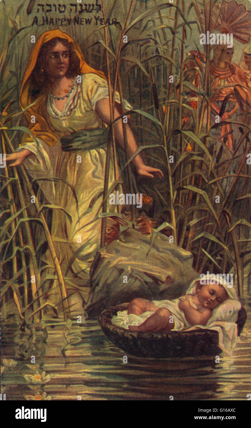 Druck zeigt Miriam den Säugling Moses im Schilf zu finden. Hebräisch-Verlag, (zwischen 1900 und 1920). Exodus 1, der Pharao von Ägypten, Ramses II, hatte verordnet, daß die hebräischen jungen Babys bei der Geburt ertränkt werden. In den 10 Versen von Exo Stockfoto