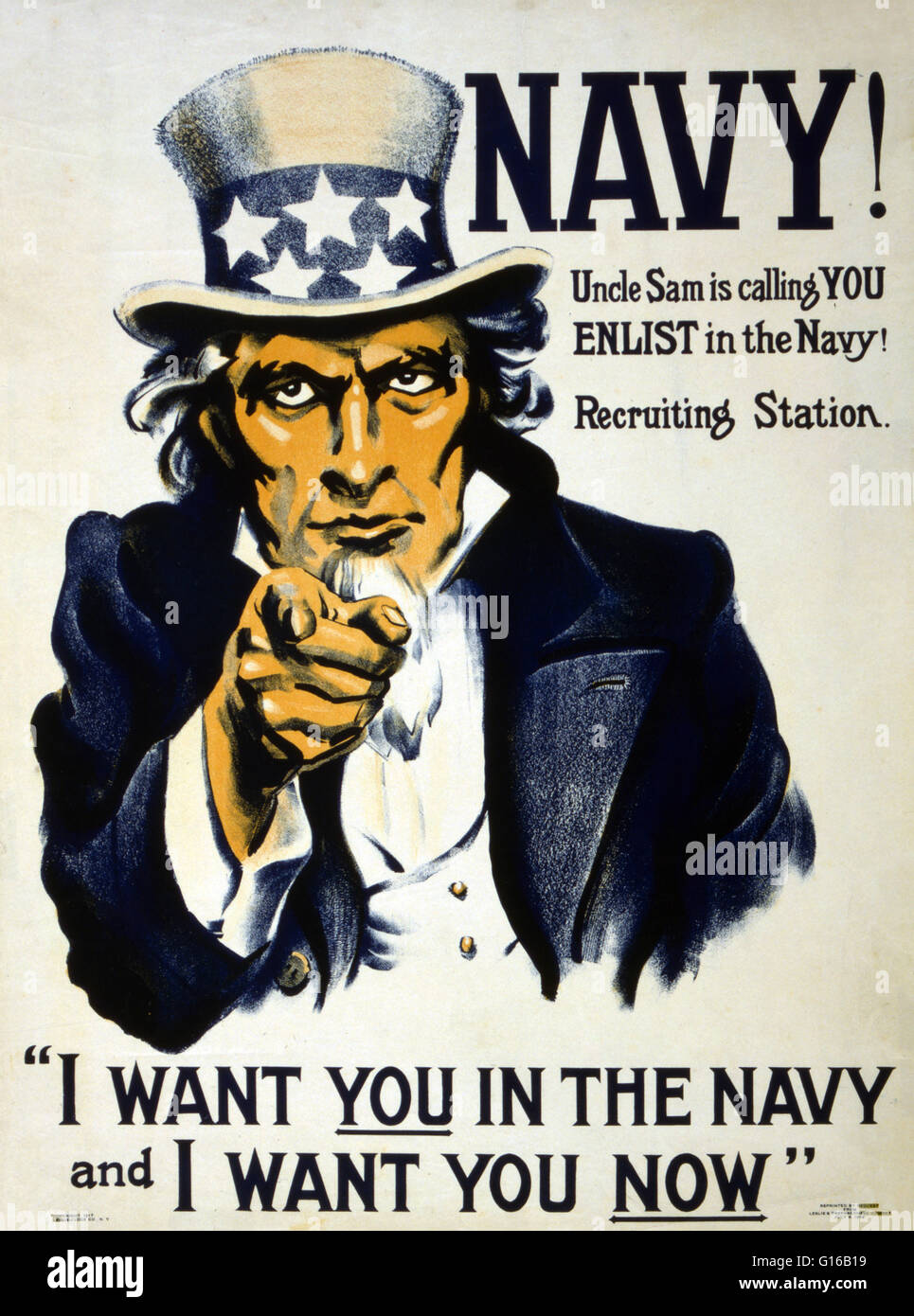 Unter dem Titel: "Marine! Uncle Sam ruft dich - in der Marine zu gewinnen! " 1917. Plakat mit Uncle Sam auf den Betrachter gerichtet. Uncle Sam (Initialen U.S.) ist eine gemeinsame nationale Personifikation der amerikanischen Regierung, die der Legende nach Gebrauch Duri erbten Stockfoto