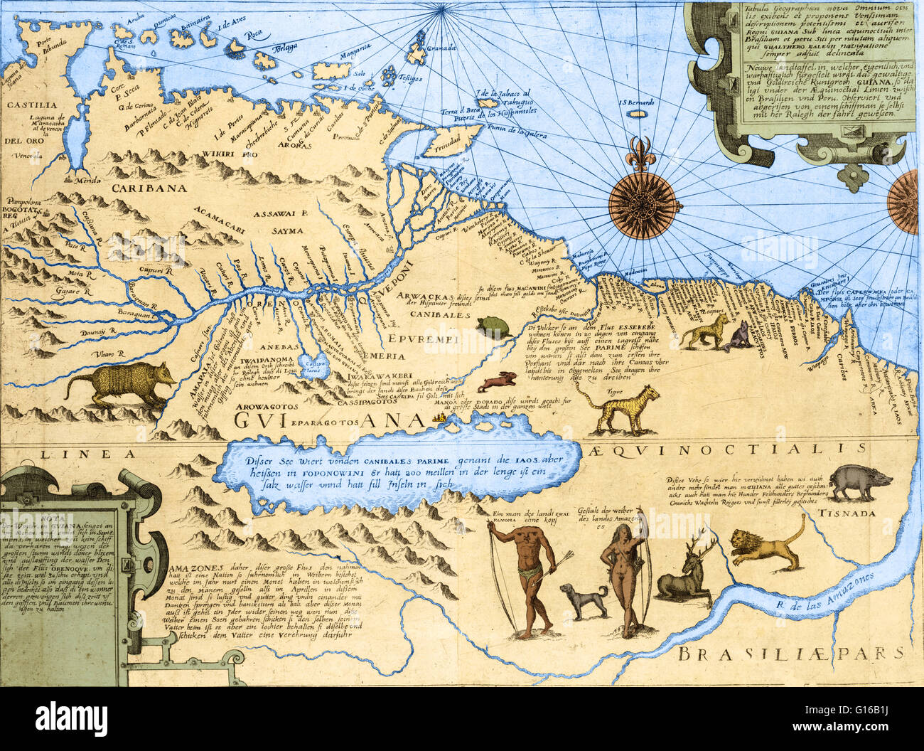 Karte von Guyana und Brasilien zeigen, Amazonas, wilde Tiere, eine kopflose Mann "des Landes Ewaipanoma," eine Amazon-Frau und der fiktiven See Parime, an der Nordküste von denen befindet sich die Stadt El Dorado.  El Dorado war der legendäre "verloren Cit Stockfoto