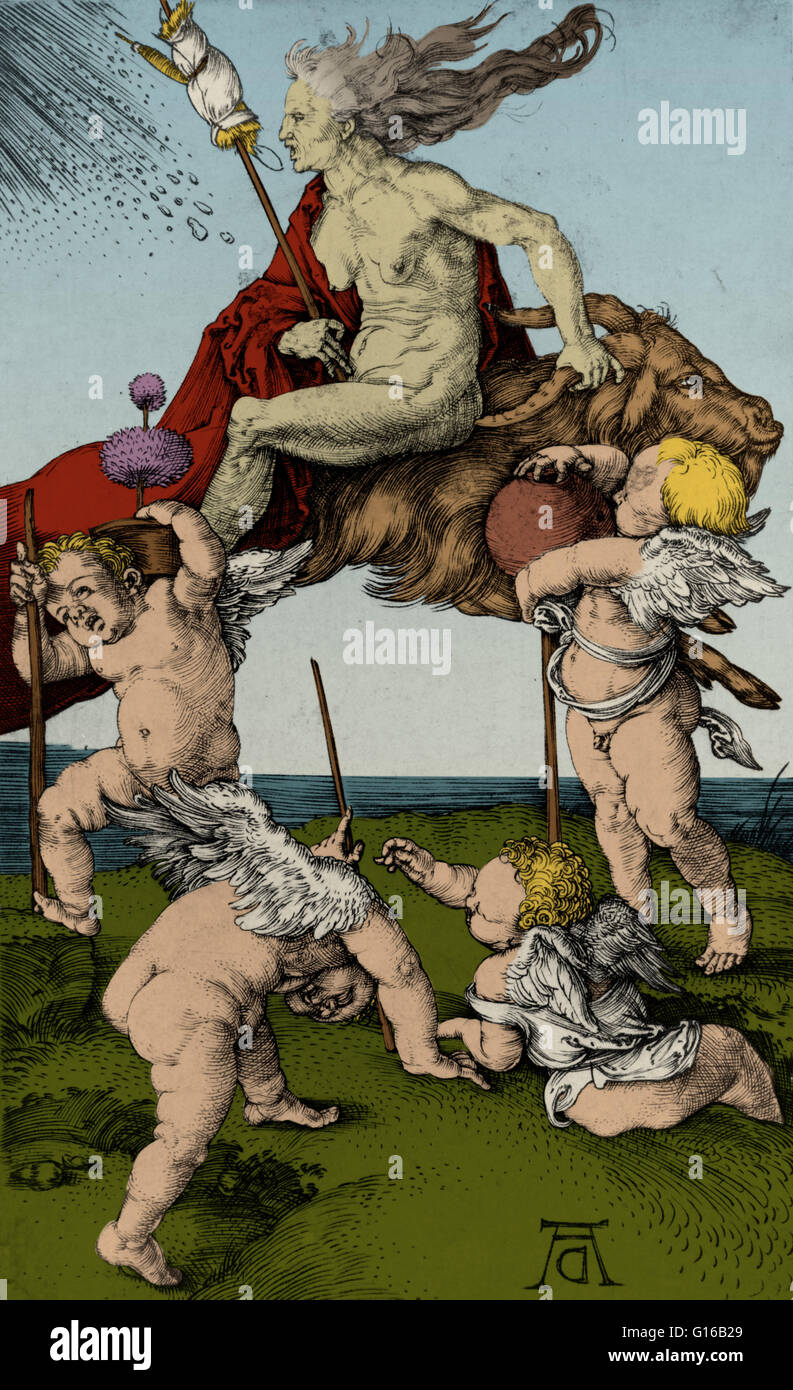 Gravur mit dem Titel: "Hexe" Reiten rückwärts auf eine Ziege, begleitet von vier Putten, von der nördlichen Renaissance-Künstlers Albrecht Dürer (1471-1528). Hexerei ist die Verwendung von magischen Fähigkeiten, am häufigsten für religiöse, divinatorische oder medizinische Zwecke. Dies Stockfoto