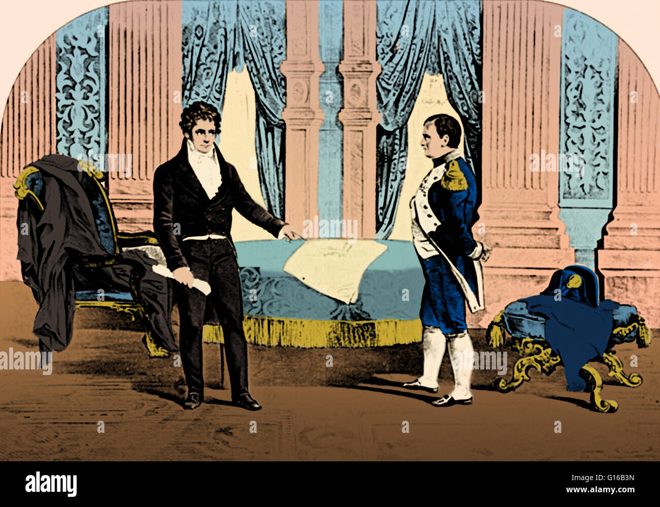 Robert Fulton und Napoleon Bonaparte diskutieren die Dampfschiff-Erfindung von Fulton. Napoleon Bonaparte (1769-1821) war ein französischer militärischer und politischer Führer während der letzten Stadien von der französischen Revolution und der Kaiser der Franzosen von 1804 bis 1815. Rob Stockfoto