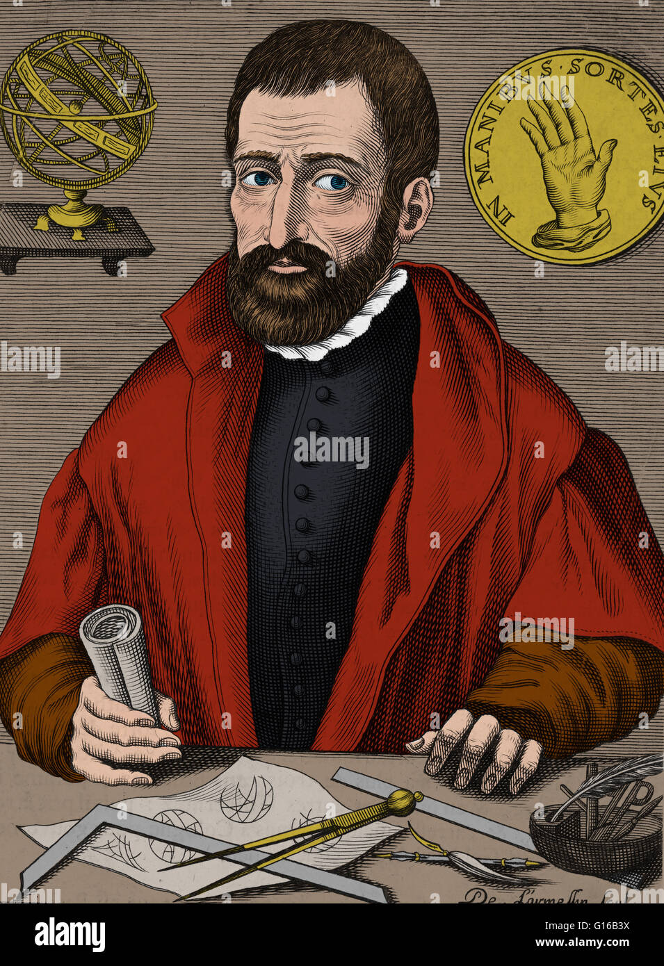 Jean Taisnier (1508-1562), belgischer Mathematiker. Taisnier veröffentlicht auf einer Vielzahl von Themen, darunter die Physik der fallenden Körper, Magnetismus, Perpetuum Mobile, Astronomie und Mathematik. Hier ist er mit Geometrie-Werkzeuge auf dem Tisch und ein Armi gezeigt. Stockfoto