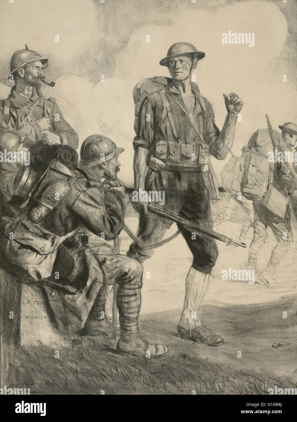 Skizze eines amerikanischen Soldaten im ersten Weltkrieg von Lucien Jonas im Gespräch mit Soldaten der Alliierten in Frankreich. Bei Ausbruch des Krieges verfolgte die Vereinigten Staaten eine Politik der Nichteinmischung, Vermeidung von Konflikten bei dem Versuch, einen Frieden zu vermitteln. Nach dem Untergang Stockfoto