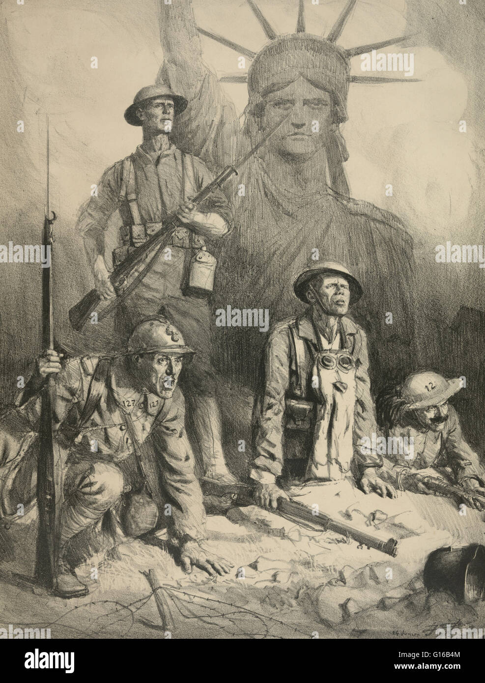 Titel: La Lutte pour la Liberte. Skizze der Statue of Liberty und ein amerikanischer Soldat hinter alliierte Soldaten im ersten Weltkrieg von Lucien Jonas. Bei Ausbruch des Krieges verfolgte die Vereinigten Staaten eine Politik der Nichteinmischung, Vermeidung von Konflikten bei der Stockfoto