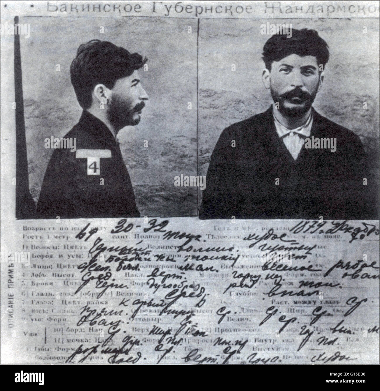Vor der Revolution von 1917 spielte Stalin eine aktive Rolle im Kampf gegen die zaristische Regierung. Hier zeigt er eine Informationskarte 1911 aus den Akten des russischen Polizei in Sankt Petersburg. Josef Moderator Stalin (18. Dezember 1878 - März Stockfoto