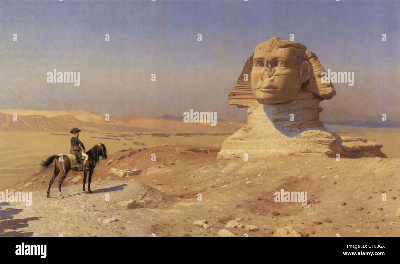 Bildunterschrift: "Napoleon Bonaparte vor der Sphinx während der französischen Kampagne in Ägypten, gemalt von Jean-Léon Gérôme." Die Französisch-Kampagne in Ägypten und Syrien (1798-1801) war Napoleons Feldzug zum Schutz französischer Handelsinteressen, untergraben Großbritanniens Zugang zu In Stockfoto