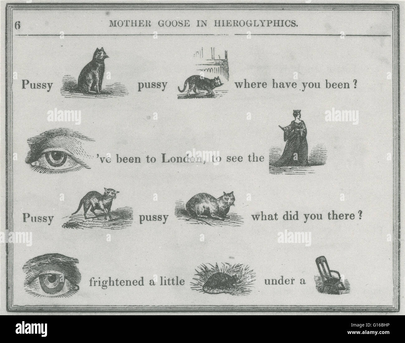 Mother Goose in Hieroglyphen ist ein Buch für Kinder von E.F. Bleiler, ursprünglich veröffentlicht im Jahre 1849. Das Buch enthält bekannte Kinderreime, geschrieben mit Bildern (ca. 400 detaillierte Holzschnitte) bestimmte Wörter (Rebus) zu ersetzen. Ein Rebus bezieht sich auf die Stockfoto