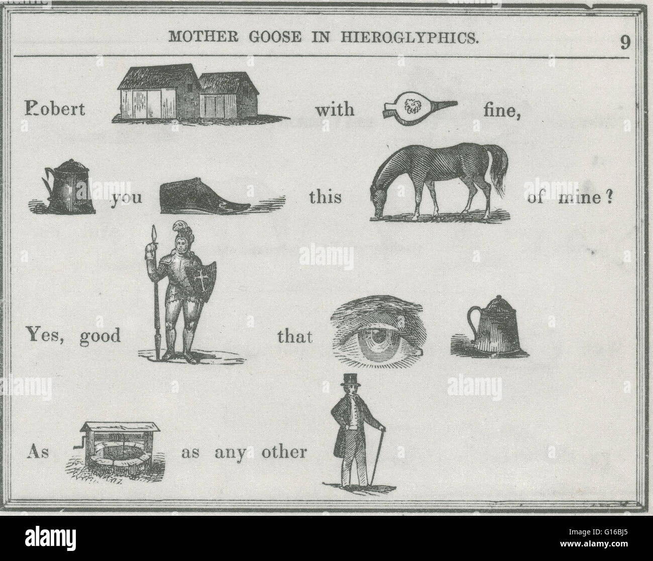 Mother Goose in Hieroglyphen ist ein Buch für Kinder von E.F. Bleiler, ursprünglich veröffentlicht im Jahre 1849. Das Buch enthält bekannte Kinderreime, geschrieben mit Bildern (ca. 400 detaillierte Holzschnitte) bestimmte Wörter (Rebus) zu ersetzen. Ein Rebus ist eine Anspielung Stockfoto