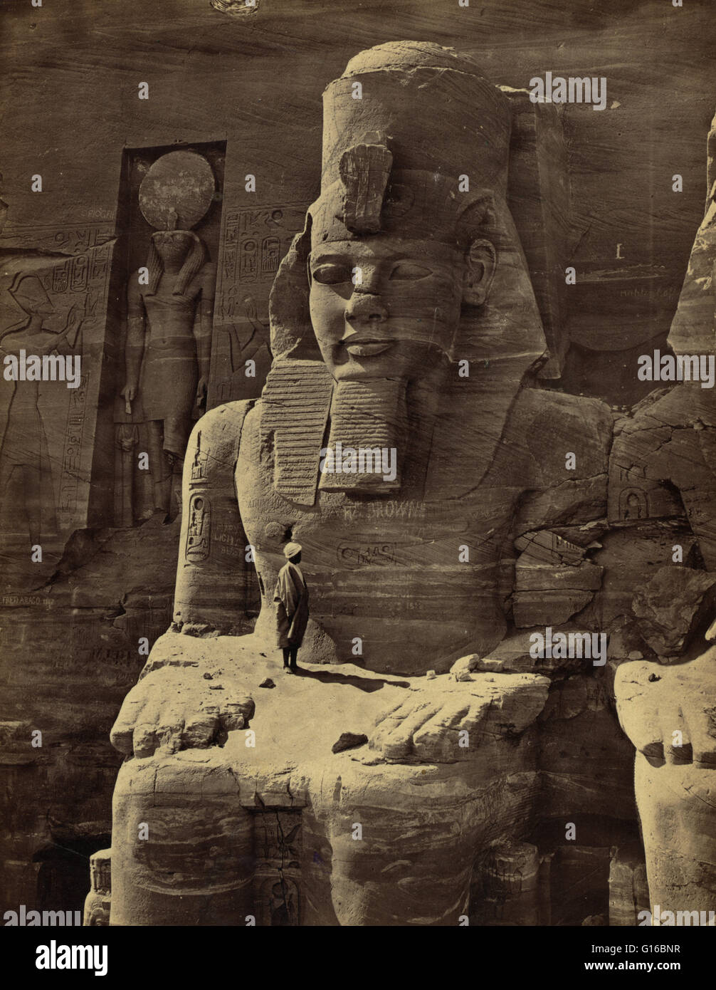 Titel: "Abou Simbel". Die Abu Simbel Tempel sind zwei riesige Felsentempel in Abu Simbel in Nubien, Süden von Ägypten. Die Twin-Tempel wurden ursprünglich während der Herrschaft des Pharao Ramesses II im 13. Jahrhundert v. Chr. aus dem Berghang geschnitzt. Konstrukt Stockfoto