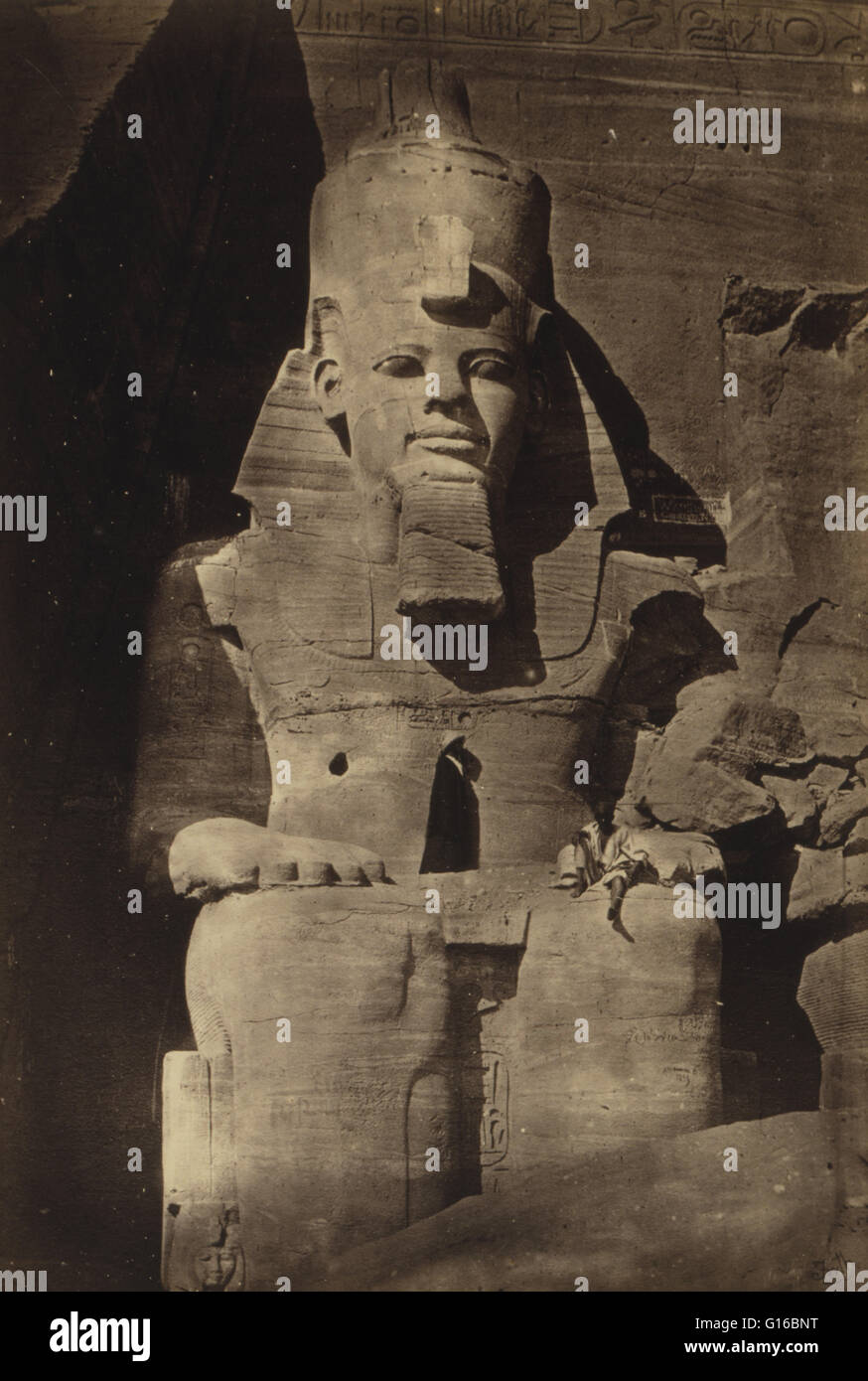 Titel: "Abou Simbel". Die Abu Simbel Tempel sind zwei riesige Felsentempel in Abu Simbel in Nubien, Süden von Ägypten. Die Twin-Tempel wurden ursprünglich während der Herrschaft des Pharao Ramesses II im 13. Jahrhundert v. Chr. aus dem Berghang geschnitzt. Konstrukt Stockfoto