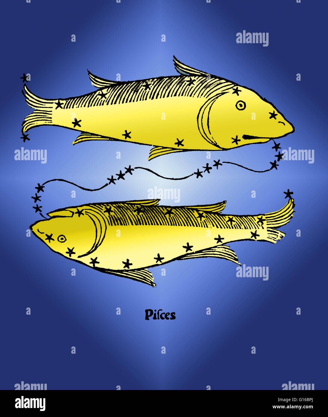 Farbverbesserung der Fische, ein Sternbild des Tierkreises. Fische übersetzt, um lateinische Plural für Fisch. Es ist eines der 88 modernen Sternbilder durch die Internationale Astronomische Union definiert. Es liegt zwischen Wassermann im Westen und Widder im Osten. Stockfoto