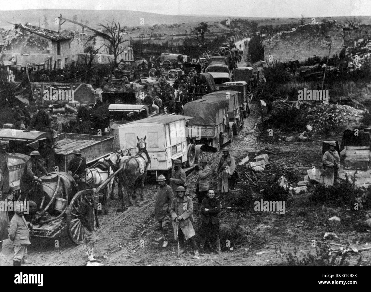 Amerikanische Truppen drängen nach vorne, 29. September 1918. Die Schlacht von den Argonnen war ein Teil der Alliierten Schlussoffensive des ersten Weltkriegs, das sich entlang der gesamten Westfront erstreckte. Es wurde vom 26. September 1918, bis zum Waffenstillstand am gekämpft Stockfoto