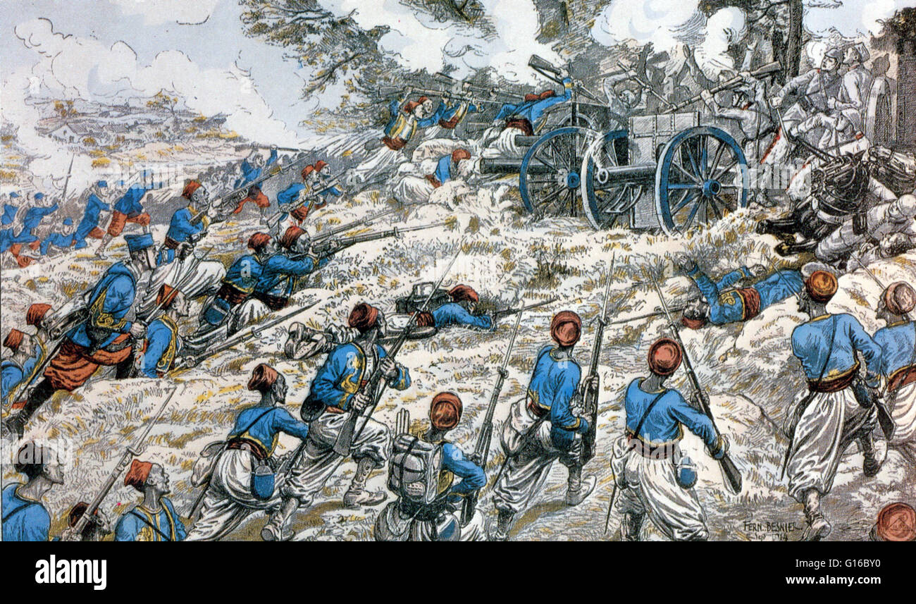 Tirailleurs (algerische Gewehrschützen) der französischen Armee angreifen deutsche Geschütze aus einem Gemälde von Fernand Besnier. Tirailleur stammt aus der napoleonischen Zeit, wo es verwendet wurde, um leichte Infanterie bezeichnen, ausgebildet, um vor den Hauptsäulen Gefecht. Während W Stockfoto