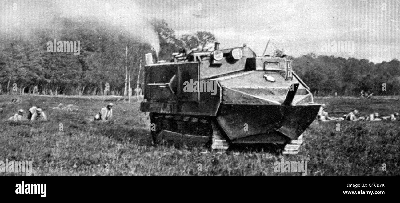 Ein französischer Panzer führt einen Angriff an der Marne mit Infanterie voran in seinem Einband. Der Schneider CA 1-Panzer waren im Kampf in den letzten Kriegsjahren verbreitet. Im Jahre 1918 spielte die Schneider-Tanks eine wichtige Rolle in der deutsche Frühling Offensive zu stoppen Stockfoto