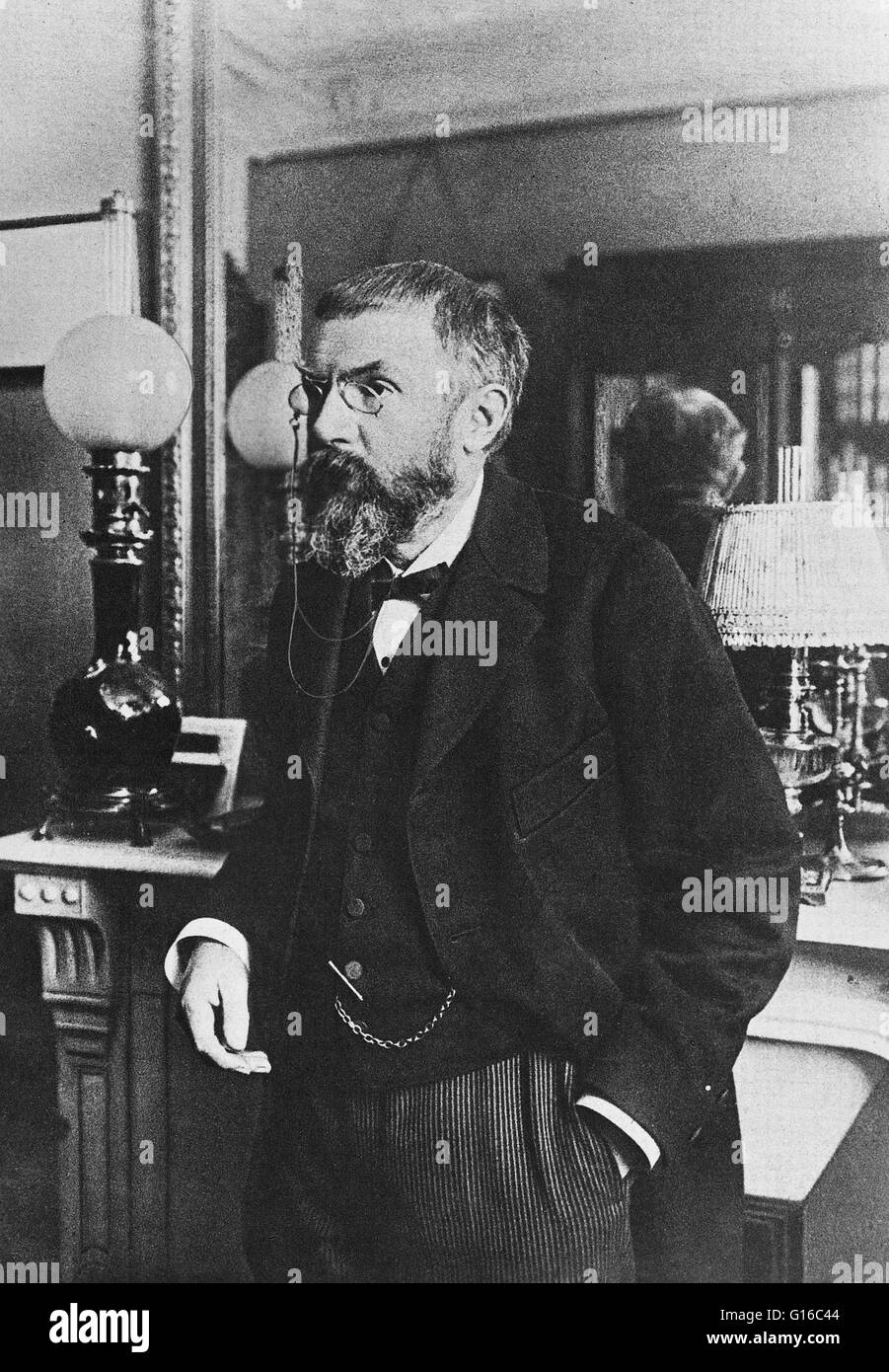 Jules Henri Poincaré (29. April 1854 - 17. Juli 1912) war ein französischer Mathematiker, Physiker, Ingenieur und Philosoph der Wissenschaft. Er wird oft als ein Universalgelehrter bezeichnet, und in der Mathematik als der letzte Universalist, da er brillierte in allen fie Stockfoto