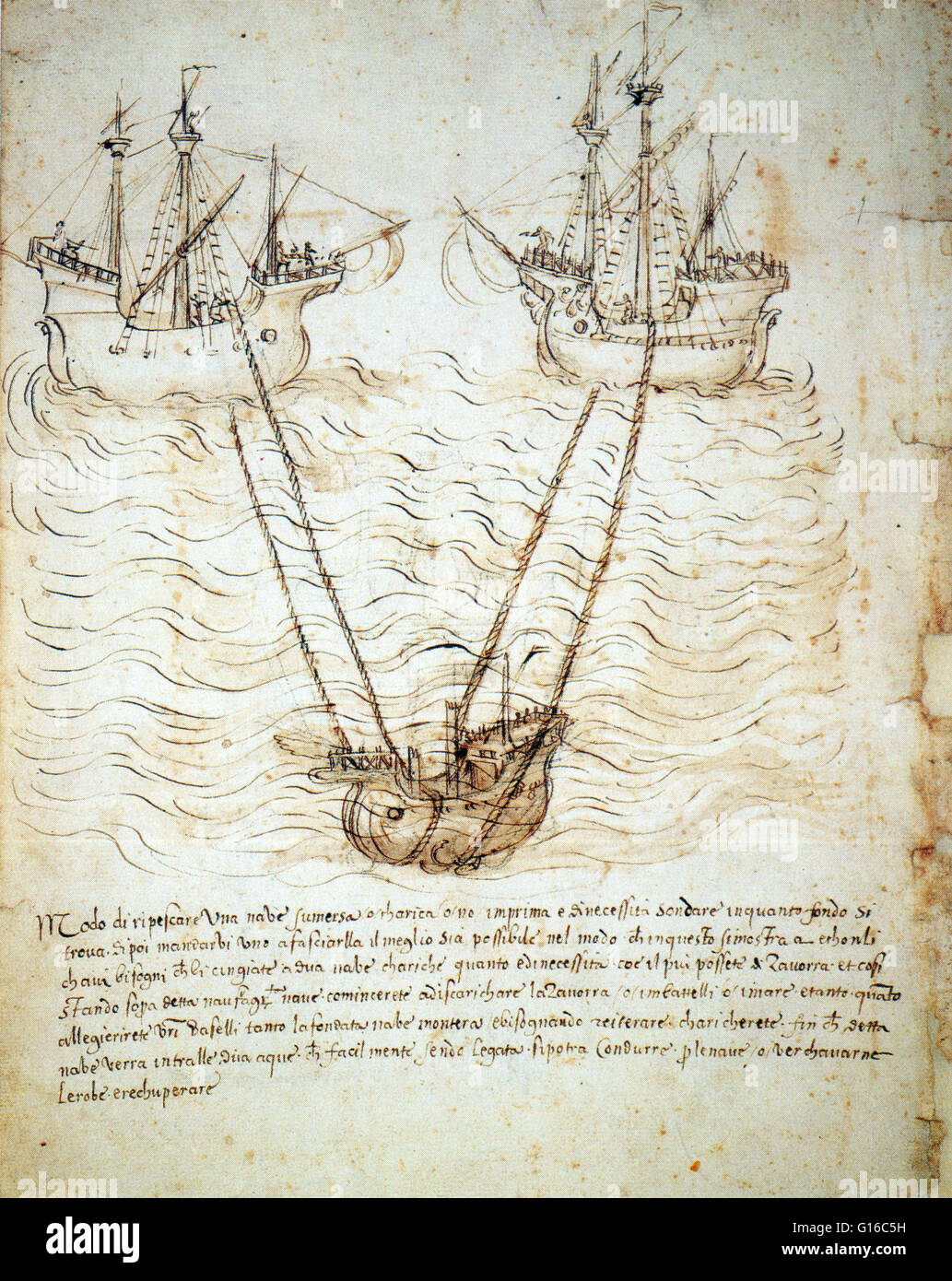 Erfindung von einem anonymen Sieneser Ingenieur entworfen zeigt eine Vorrichtung zum Anheben eines versunkenen Schiffes. Das versunkene Schiff ist mit Seilen an zwei schwimmende Schiffe beladen mit Vorschaltgerät gebunden. Das Vorschaltgerät ist dann über Bord geworfen. Zwischen dem Mittelalter und der Renaissance, Stockfoto