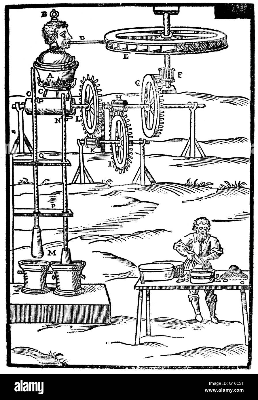 Erfindung von Branca entworfen. Dampf-Gebläse Einschalten eine doppelte Stößel. Le-Maschine, Rom 1629. Giovanni Branca (22 April 1571 - 24. Januar 1645) war ein italienischer Ingenieur und Architekt, vor allem für was einige Kommentatoren genommen haben, werden heute erinnert ein Stockfoto