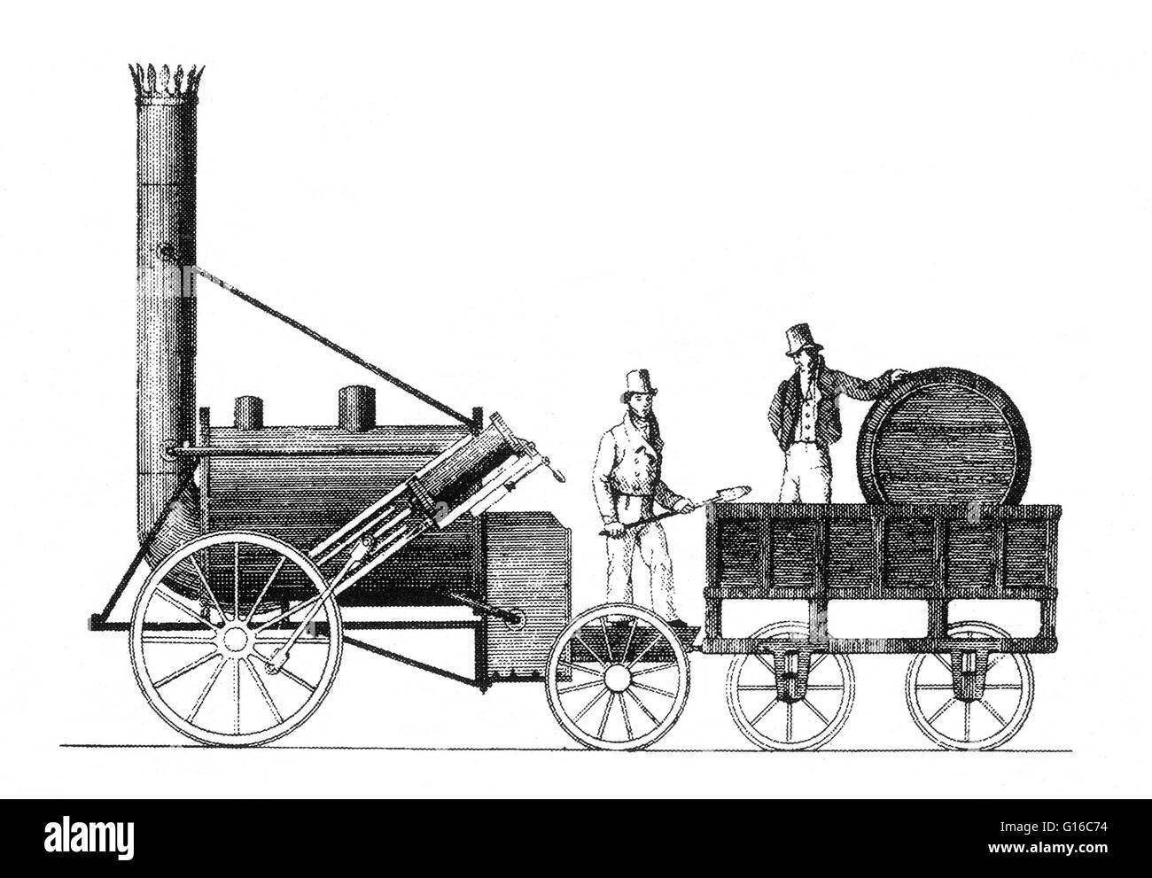 Stephensons Rocket war eine frühe Dampflokomotive von 0-2-2 Achsfolge, 1829 bei der Forth Street Werke von Robert Stephenson and Company in Newcastle Upon Tyne gebaut. Es wurde gebaut für, und gewann, die Rainhill Versuche von Liverpool & manche gehalten Stockfoto