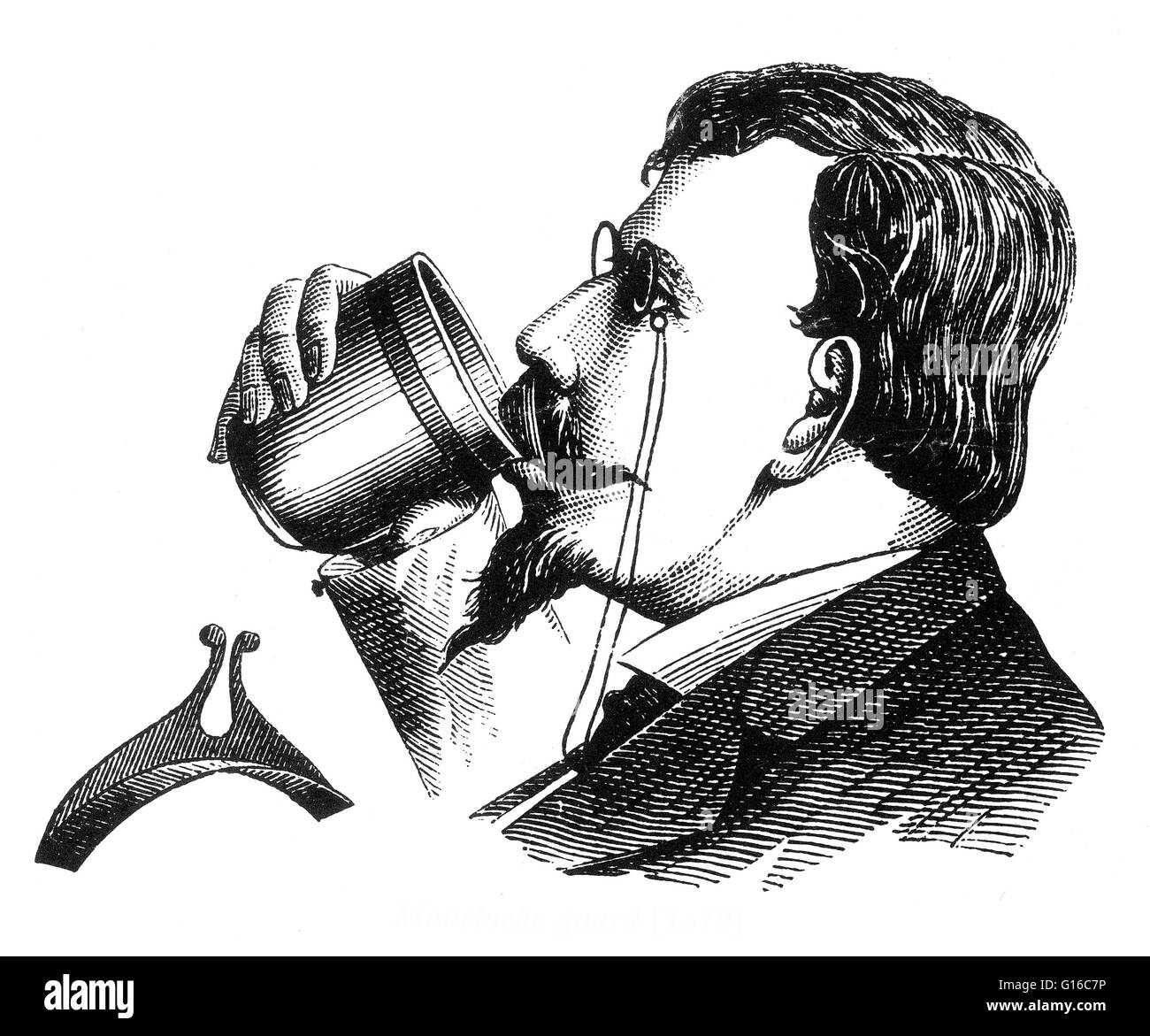 Patent US #123839, "Schnurrbart Inhaber", eingereicht von Eli j.f. Randolph im Jahre 1872. Schnurrbärte blühte während der viktorianischen Ära. Oft wurde Schnurrbart Wachs auf den Schnurrbart zu halten, schön und steif, mit jedem Haar Platz angewendet. Und darin lag eine Problem-t Stockfoto