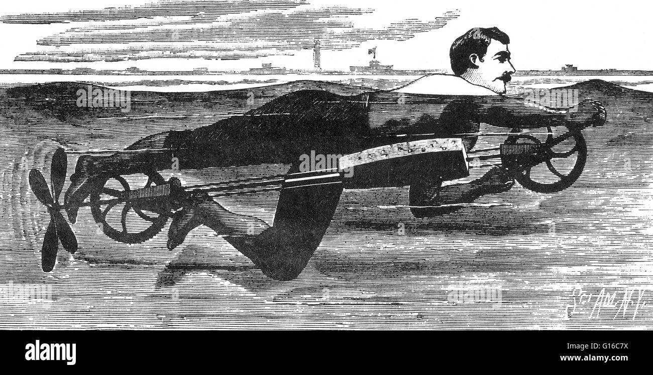 Eine verbesserte schwimmen Vorrichtung erlaubt den Benutzer, zwischen 4 und 6 Meilen Kollegen Stunde, laut American Erfinder, William Richardson Lichtgeschwindigkeit zu erreichen. Durch eine zentrale, longitudinale Welle sind die Kurbeln Bewegungen der Hände und Füße einzelnen Stockfoto