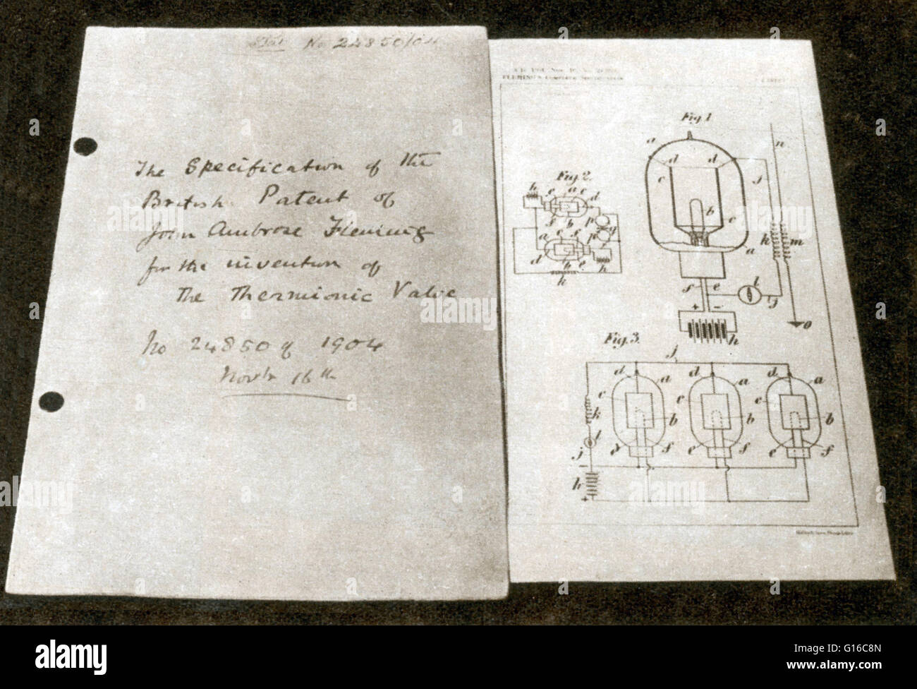 Fleming's original thermoionische Ventil Patentschrift von 1904. John Ambrose Fleming (29. November 1849 - 18. April 1945) war ein englischer Elektrotechniker und Physiker. 1904 erfand er zwei-Elektroden-Vakuumröhrenkollektoren Gleichrichter, die er nannte die Stockfoto