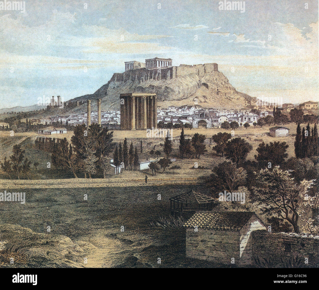 Lithographie von Athen mit der Akropolis von C. Votteler. Die Akropolis von Athen ist einer alten Zitadelle befindet sich auf einem hohen Felsvorsprung oberhalb der Stadt Athen und mit den sterblichen Überresten aus mehreren alten Gebäuden des großen architektonischen und historischen Zeichen Stockfoto