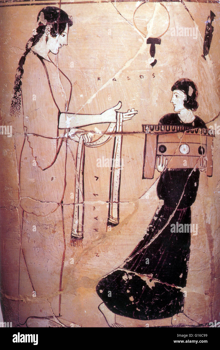 Griechischen weißen Boden Lekythos, Detail der Frau mit Magd, 460 v. Chr.. Wegen seiner relativen Haltbarkeit Keramik umfasst einen großen Teil von den archäologischen Aufzeichnungen des antiken Griechenlands, und da gibt es so viel davon, es hat einen großen Einfluss auf unsere un ausgeübt Stockfoto