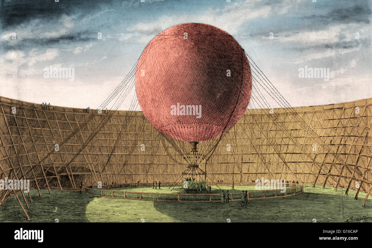 Zeichnung von Albert Tissandler zeigt der Riese Fesselballon von Giffard für Paris Ausstellung von 1867 erbaut und nach London, England, in den Jahren 1868 und 1869 brachte. Ballon ist vertäut am Start Site mit zahlreichen Zuschauern. Henri Giffard (8. Februar, Stockfoto