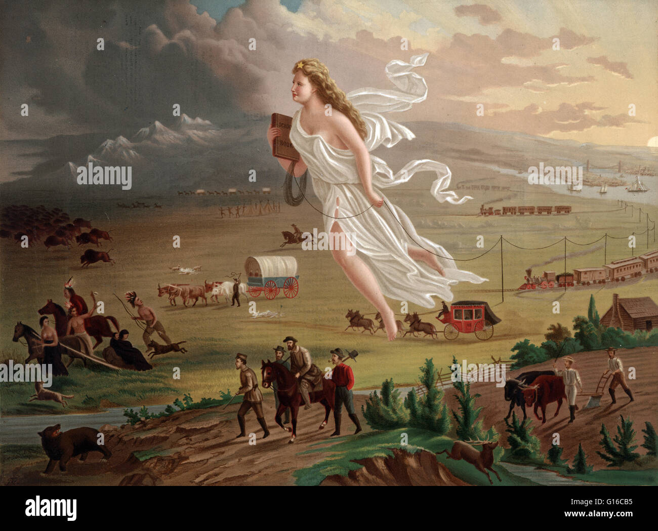 Farblitho von George Crofutt zeigt eine allegorische Frauengestalt von Amerika führenden Pioniere nach Westen, wie sie zu Fuß, in einer Postkutsche, Conestoga Wagon, und durch Eisenbahnen Reisen, wo begegnen sie Native Americans und Herden von Bison, 1873. Manifes Stockfoto