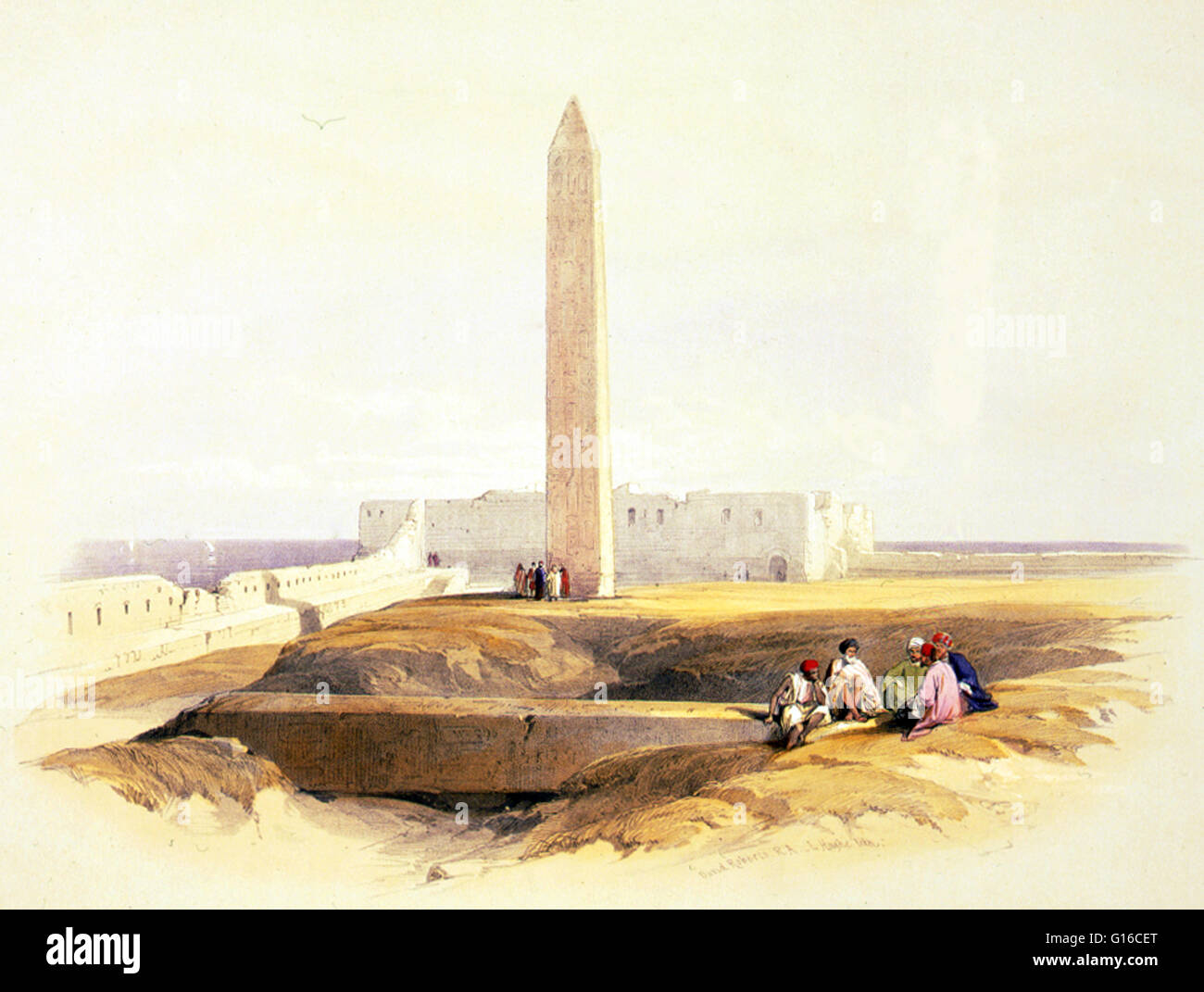 Unter dem Titel: "Obelisk in Alexandria gemeinhin als Kleopatras Nadel." Kleopatras Nadel ist der populäre Name für jede der drei antiken ägyptischen Obelisken in London, Paris und New York City während des 19. Jahrhunderts wieder aufgebaut. Alle drei Nadeln sind echt Stockfoto