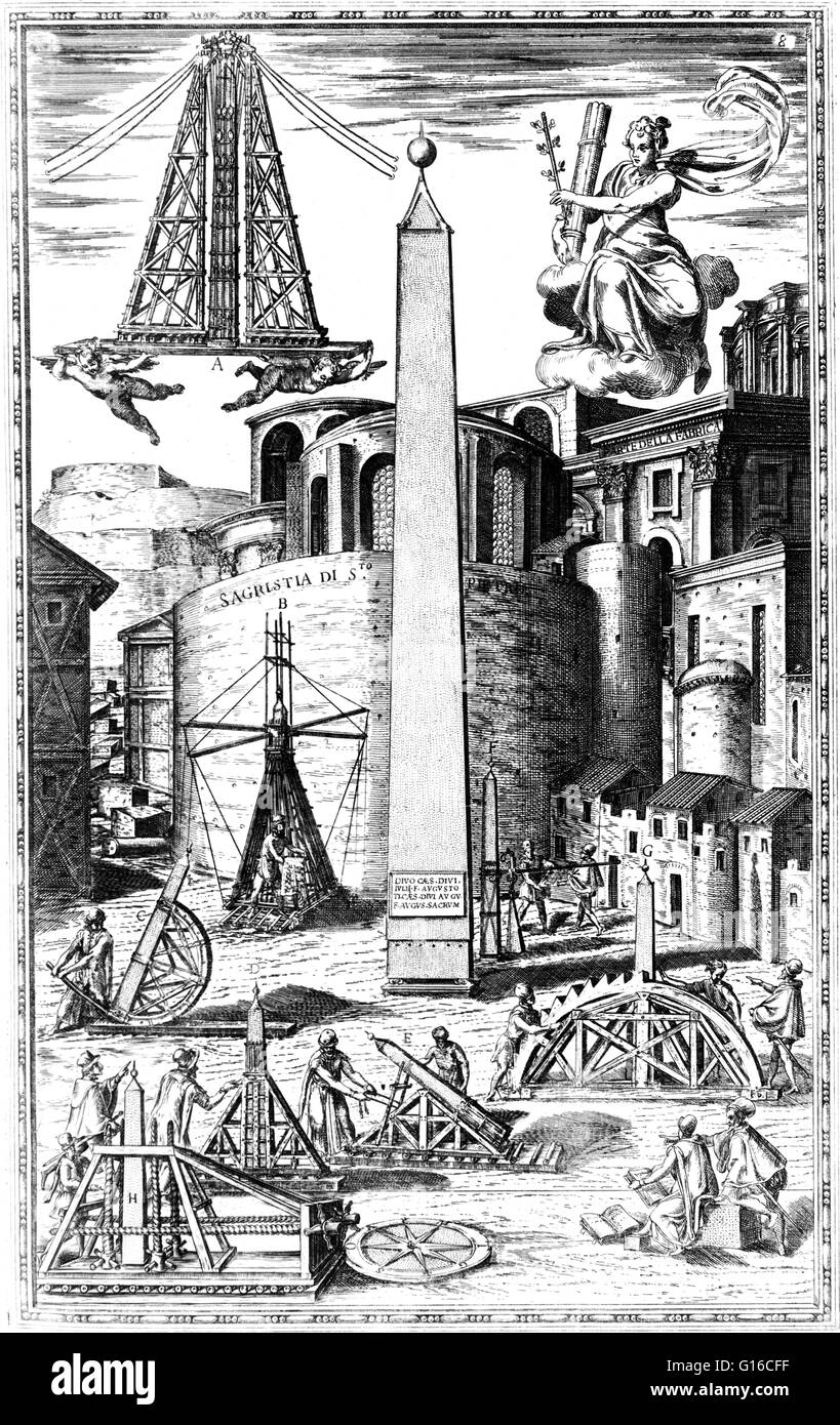 Kupferstich von Domenico Fontana mit dem Titel: "Obelisk im Zirkus Nero vor seinen Umzug nach Piazza St. Peter in Rom. 1590. "der Obelisk wurde ursprünglich in Heliopolis von einer unbekannten Pharao der fünften Dynastie von Ägypten (2494-2345 v. Chr.) errichtet. Stockfoto