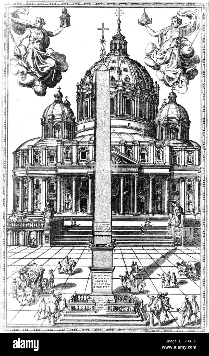 Kupferstich von Domenico Fontana mit dem Titel: "Obelisk auf der Piazza des Heiligen Petrus in Rom nach seinen Umzug aus dem Zirkus Nero errichtet. 1590. "der Obelisk wurde ursprünglich in Heliopolis errichtet, von einem unbekannten Pharao der fünften Dynastie von Ägypten (2494 Stockfoto