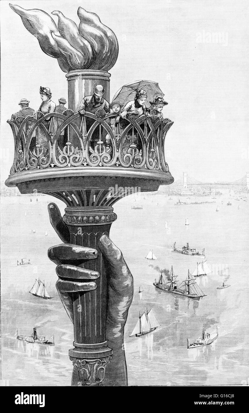 Illustration von Frank Leslie Zeitung mit dem Titel: "die Fackel der Freiheitsstatue, als es wird angezeigt, wenn auf Bedloe's Island, 1885 fertiggestellt. Die Freiheitsstatue ist eine kolossale neoklassische Skulptur auf Liberty Island im New Yorker Hafen, entworfen Stockfoto