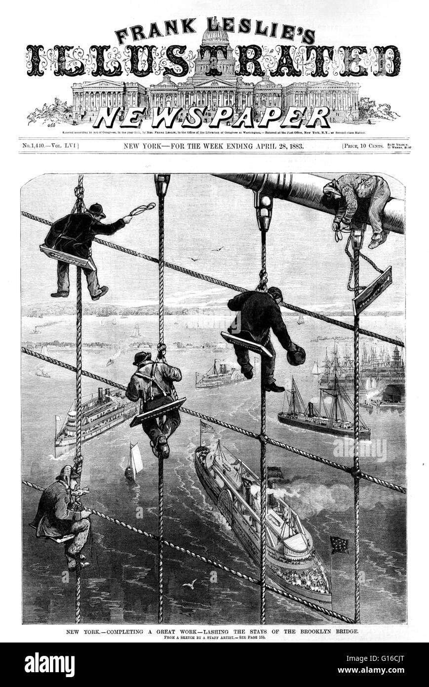 Illustration von Frank Leslie Zeitung mit dem Titel: "Abschluss eines großen Werkes Zurrgurte Aufenthalte von der Brooklyn Bridge aus einer Skizze von einem Mitarbeiter-Künstler veröffentlicht 28. April 1883." Die Brooklyn Bridge ist eine der ältesten Hängebrücken in den United S Stockfoto