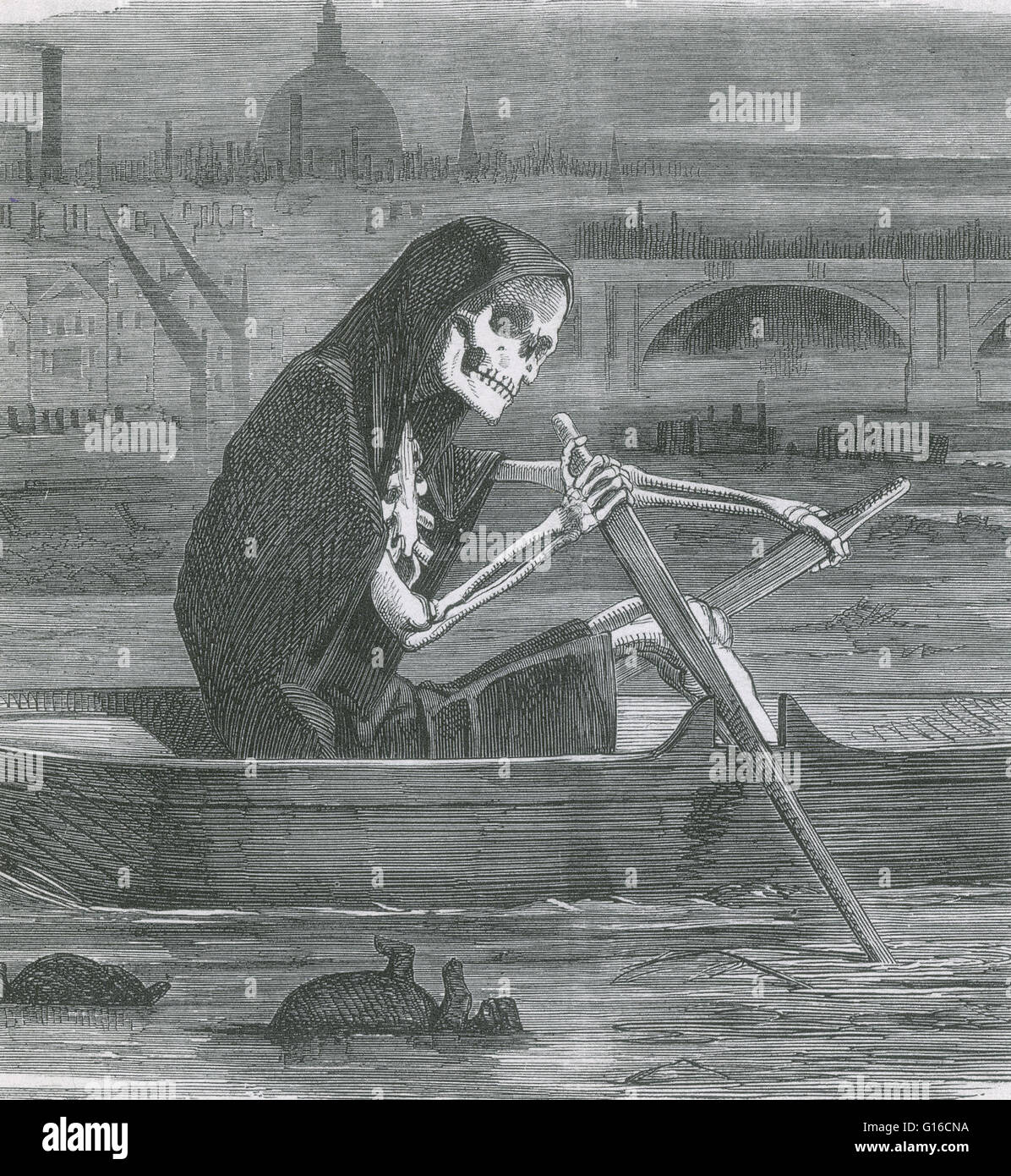 Punch-Karikatur von 1858, während die großen stinken in London, Darstellung der Themse als den Fluss Styx. Im Sommer 1858 verschüttet alle Abwasser- und Abfallwirtschaft einer Bevölkerung Nummerierung rund 2 Millionen Menschen in den Fluss direkt aus der Stadt Kanalisation oder fr Stockfoto