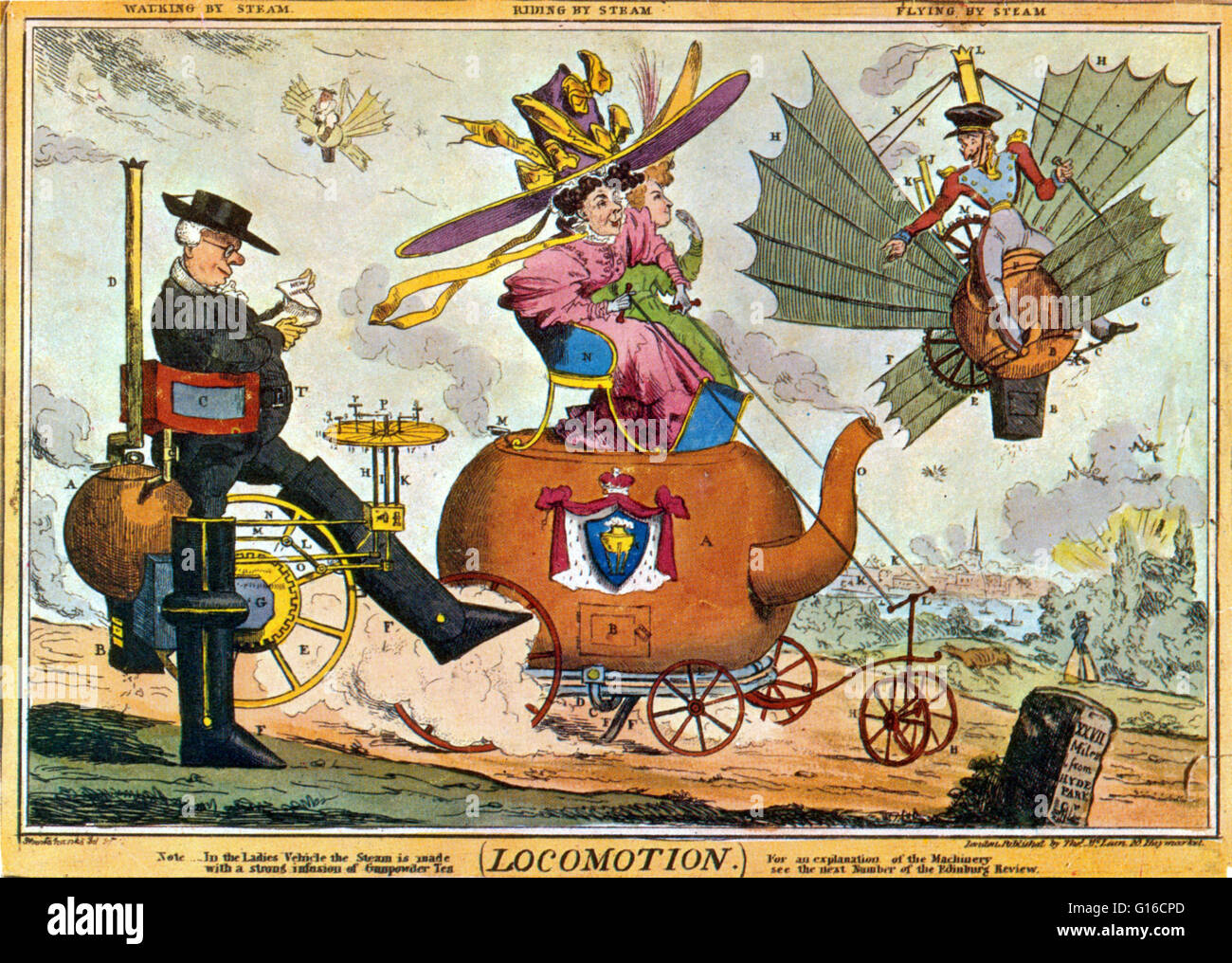Locomotion - zu Fuß durch Dampf, Reiten durch Dampf, fliegen durch Dampf, von Robert Seymour, 1830. Satire auf die Ankunft von Age of Steam; die Erfindungen im Zuge der neumodischen Dampf Eisenbahn zu erwarten sind, von links nach rechts: eine Dampf-Walker, ein Dampf Stockfoto