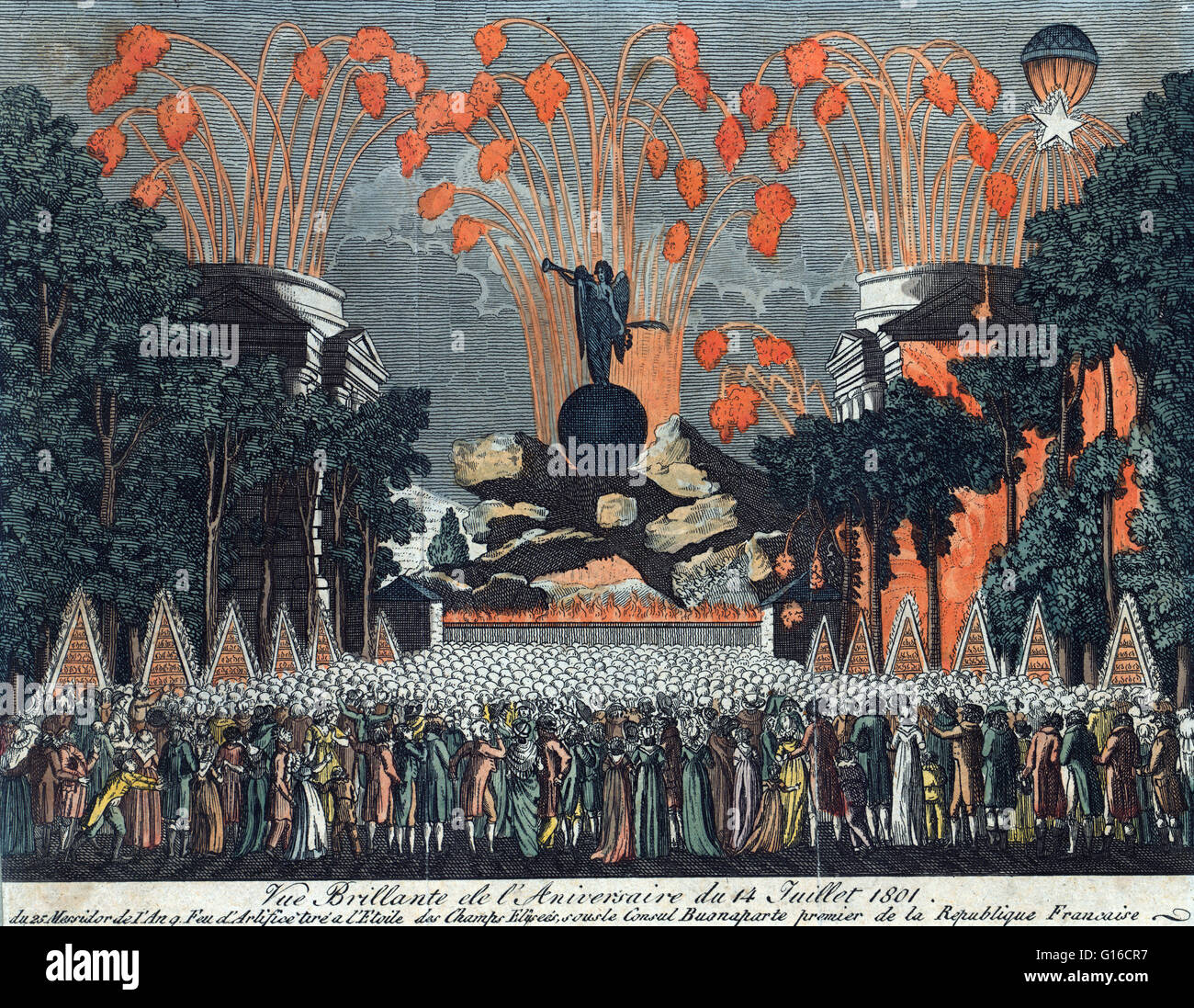 Radierung zeigt eine Menschenmenge Anzeige Feuerwerk am Nationalfeiertag feiern ca. 1801. Nationalfeiertag ist der Name in den englischsprachigen Ländern, der französische Nationalfeiertag am 14. Juli jedes Jahr gefeiert wird. Der französische Nationalfeiertag erinnert an die b Stockfoto