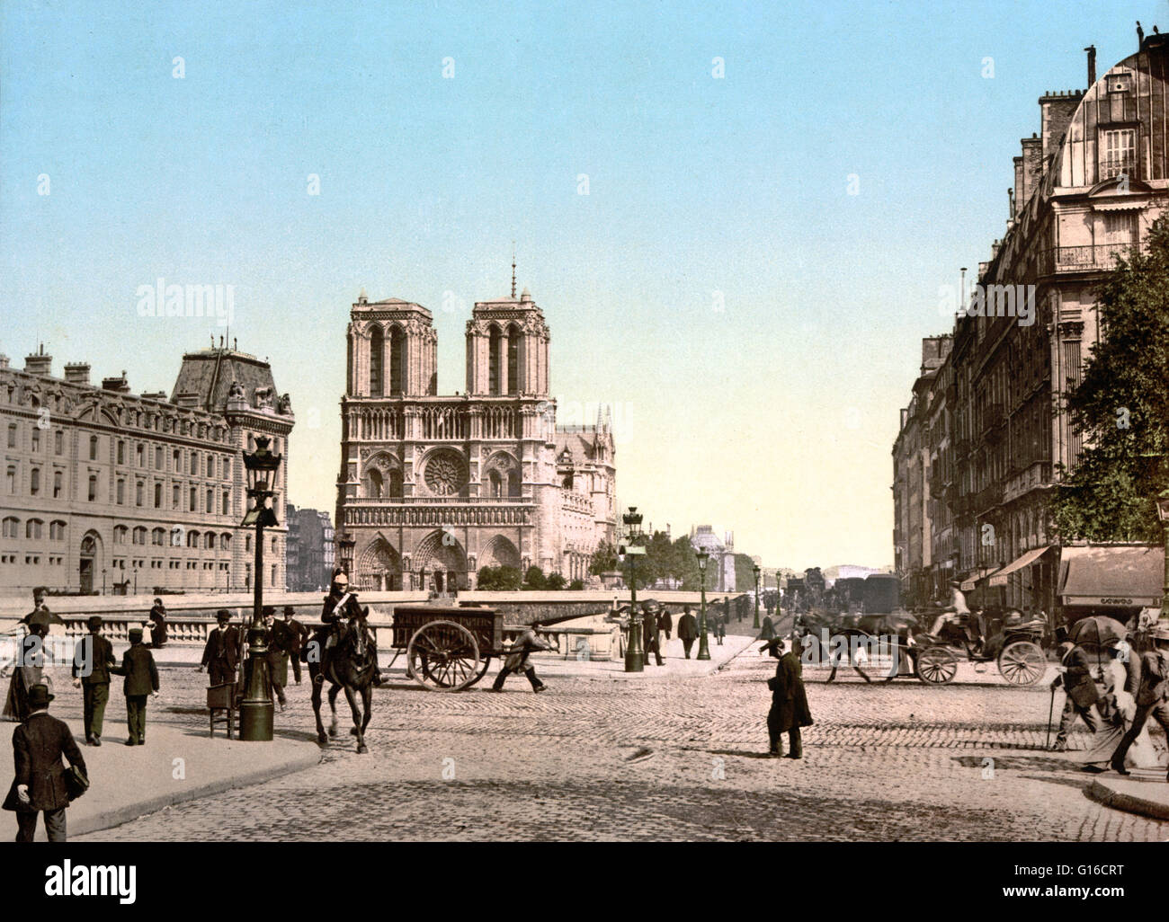 Notre-Dame de Paris (unsere Liebe Frau von Paris) ist eine historische katholische Kathedrale von Paris. Die Kathedrale gilt als eines der schönsten Beispiele der gotischen Architektur und zu den größten und bekanntesten kirchlichen Bauten in der Stockfoto