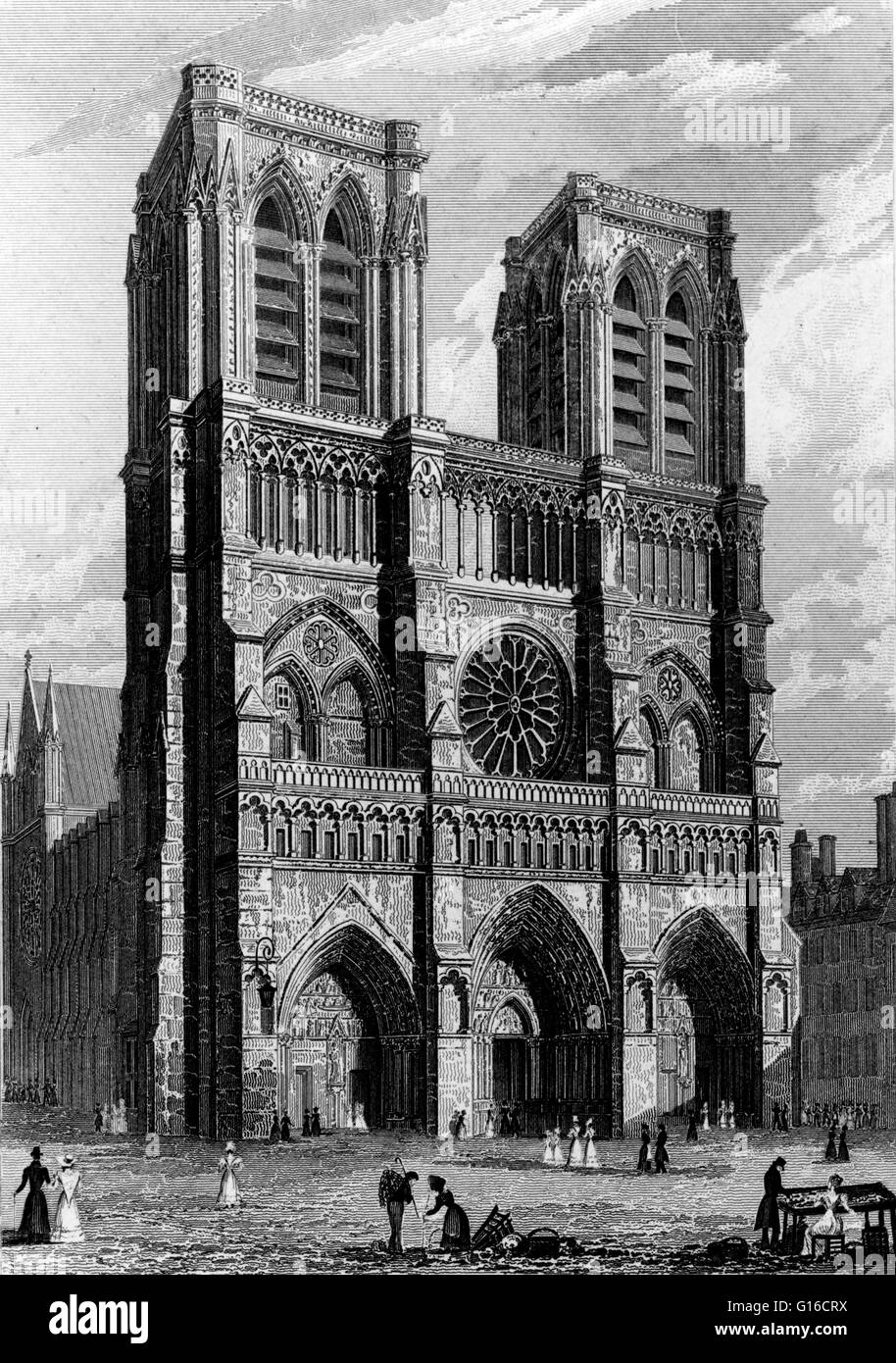 Westfassade der Kirche von Notre Dame, gestochen von J. Tingle veröffentlicht 30. September 1828. Notre-Dame de Paris (unsere Liebe Frau von Paris) ist eine historische katholische Kathedrale von Paris. Die Kathedrale gilt als eines der schönsten Beispiele für Fr Stockfoto