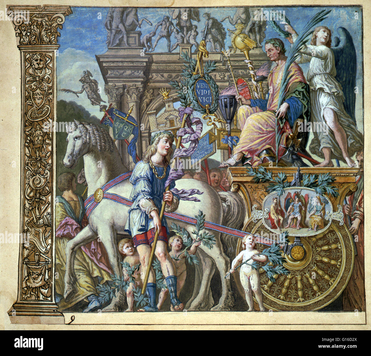 Triunph(US) Caesaris. Platte 9 Serie, die Menschen im Triumphzug des Julius Caesar. Hell-dunkel-Holzschnitt mit Gouache, 1598-99. Gaius Julius Caesar (100-44 v. Chr.) war ein römischer general und Staatsmann. Er spielte eine entscheidende Rolle in der allmählichen trans Stockfoto