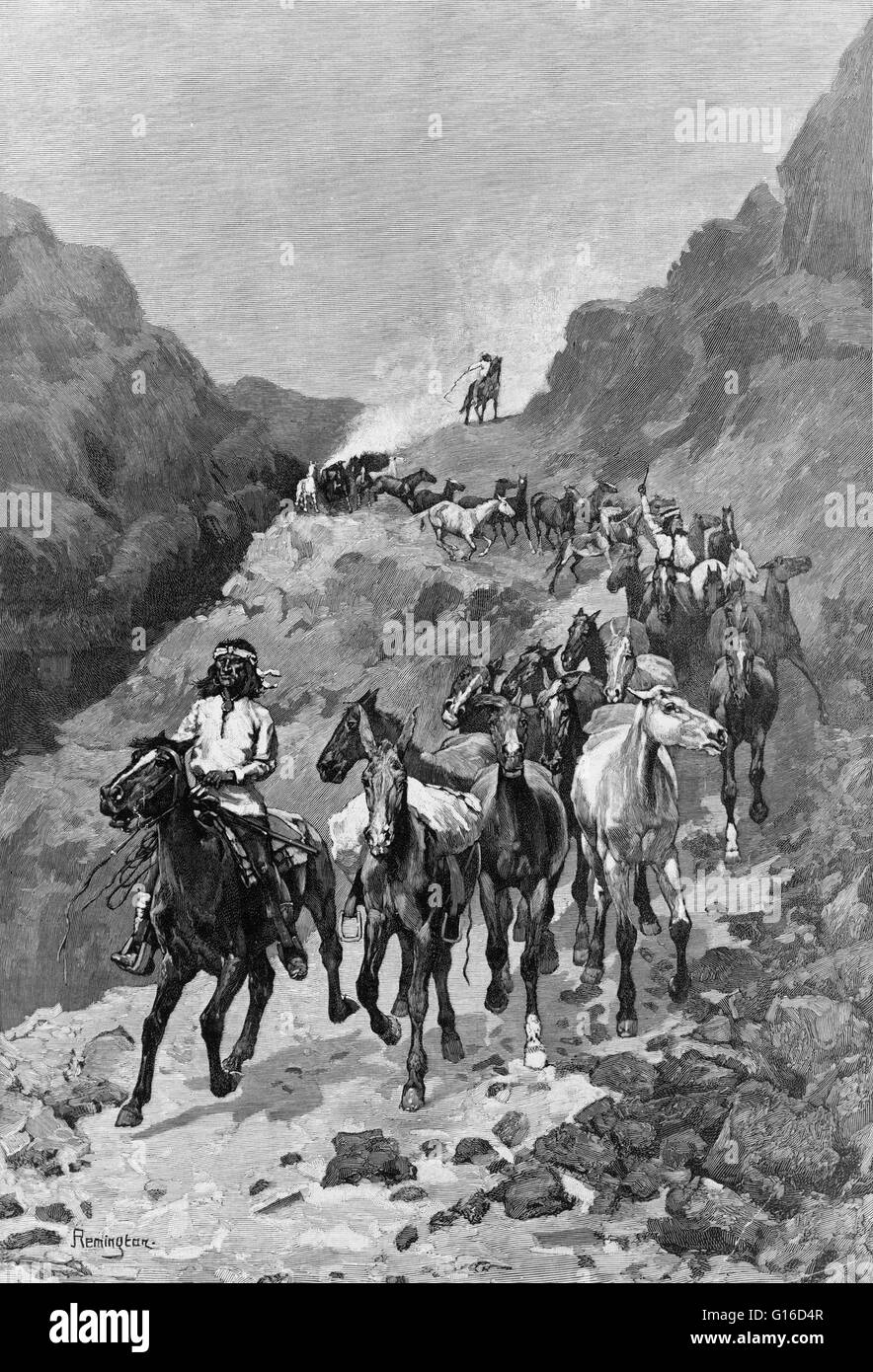 Geronimo und seine Band nach einer Razzia in Mexiko Gravur von Frederic Remington, 1888. Geronimo "einer, der gähnt" (16. Juni 1829 - 17. Februar 1909) war ein indianischer Anführer der Chiricahua Apache kämpfte gegen Mexiko und die Vereinigten Stat Stockfoto