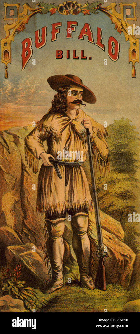 Buffalo Bill, William Frederick Cody, in Wildleder Kleidung, mit Gewehr und Pistole. Lithographie von Monsch Brüder, 1870 veröffentlicht. William Frederick "Buffalo Bill" Cody (26. Februar 1846 - 10. Januar 1917) war ein amerikanischer Soldat, Bison Jäger und showm Stockfoto