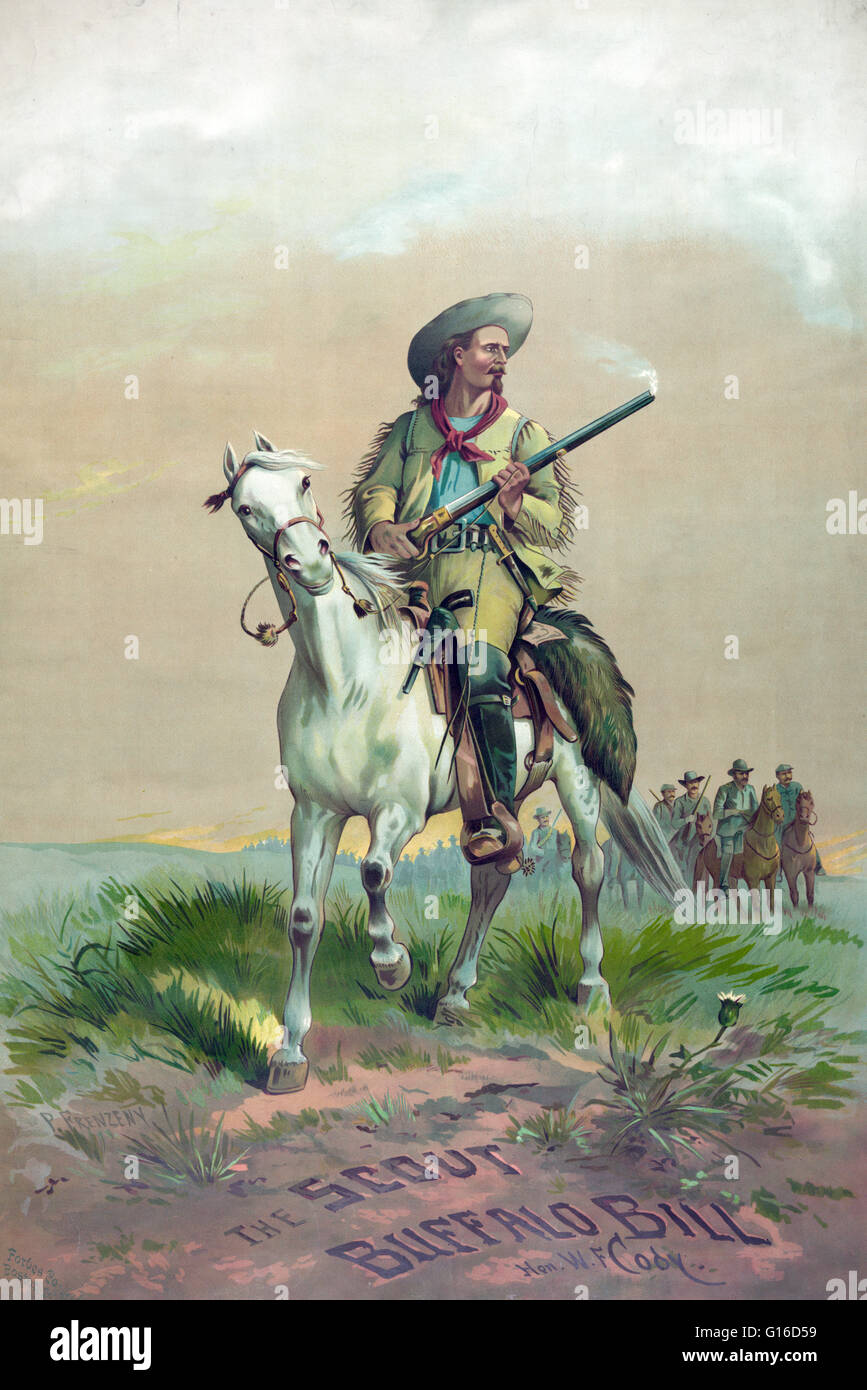 Buffalo Bill auf dem Pferderücken, Soldaten Holding vor Gewehr, das Rauchen auf dem Pferderücken. Lithografie von Paul Frenzeny ca. 1872-90. William Frederick "Buffalo Bill" Cody (26. Februar 1846 - 10. Januar 1917) war ein amerikanischer Soldat, Bison Jäger und Showman. Stockfoto