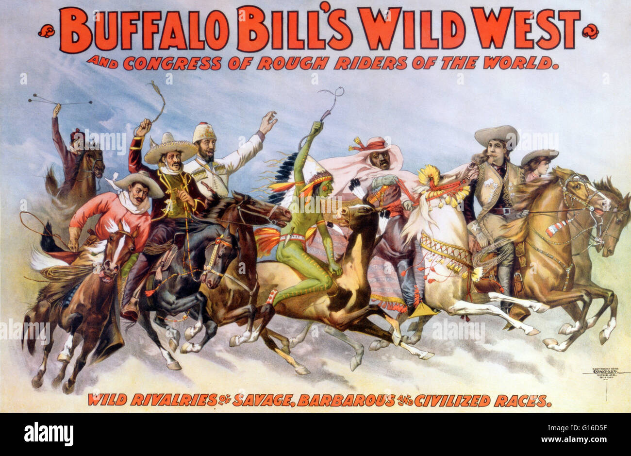 Buffalo Bills Wildwest und Kongress der Rough Riders der wilden Welt Rivalitäten der wilden, barbarischen und zivilisierten Rassen. Zirkus-Plakat von Buffalo Bill mit Menschen verschiedener Nationalitäten, Reiten auf dem Pferd. Farblitho von Currier Lithographie Com Stockfoto