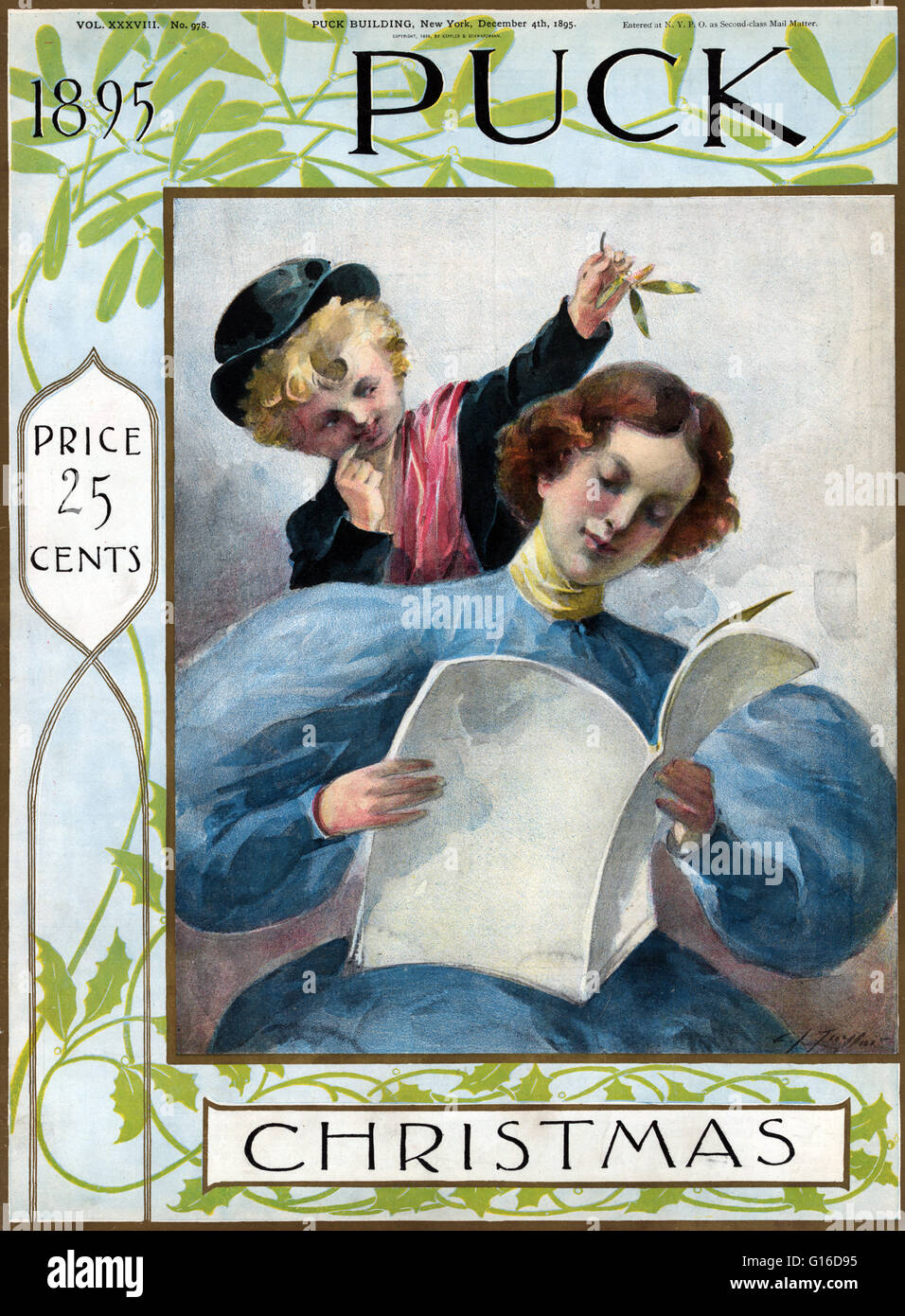 Unter dem Titel: "1895 Puck Weihnachten" Farblitho zeigt Puck halten Mistel über den Kopf einer jungen Frau, die eine Zeitschrift oder Zeitung zu lesen ist. Puck war Amerikas erste erfolgreiche Humor-Magazin bunte Cartoons, Karikaturen und politischen satir Stockfoto Unter dem Titel: "1895 Puck Weihnachten" Farblitho zeigt Puck halten Mistel über den Kopf einer jungen Frau, die eine Zeitschrift oder Zeitung zu lesen ist. Puck war Amerikas erste erfolgreiche Humor-Magazin bunte Cartoons, Karikaturen und politischen satir Stockfoto
